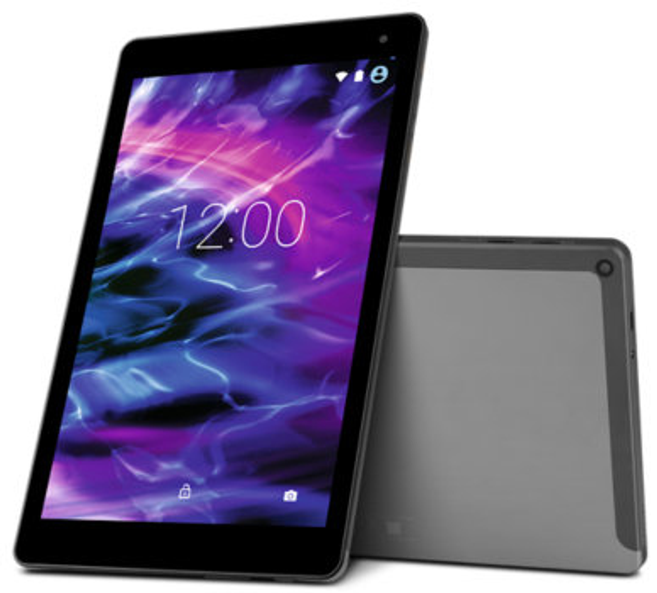 Tablet mit lila und blauem Bildschirm und die Rückseite des Tablets.