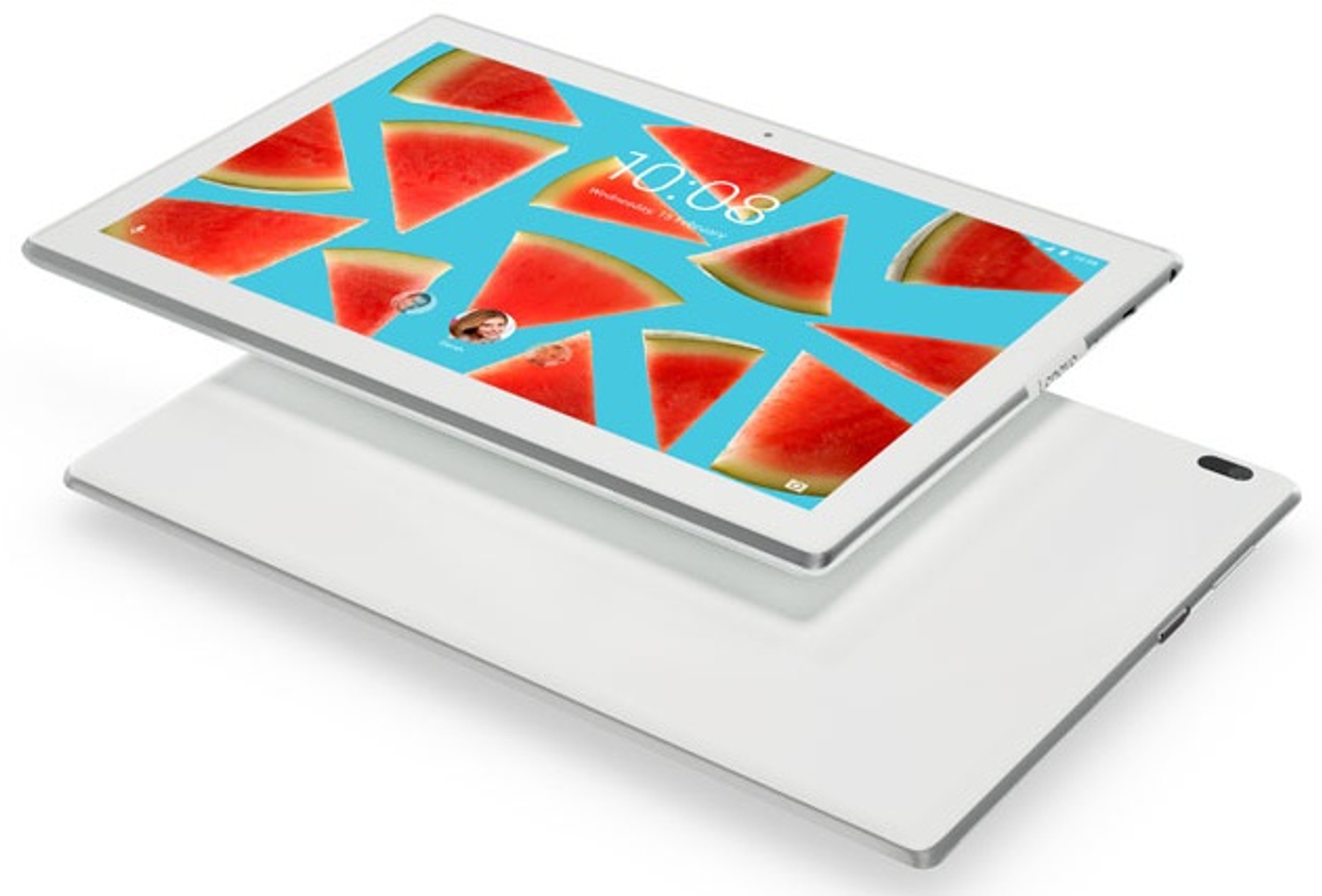 Weißes Tablet mit Wassermelonenscheiben auf dem Bildschirm. Weißer Hintergrund.