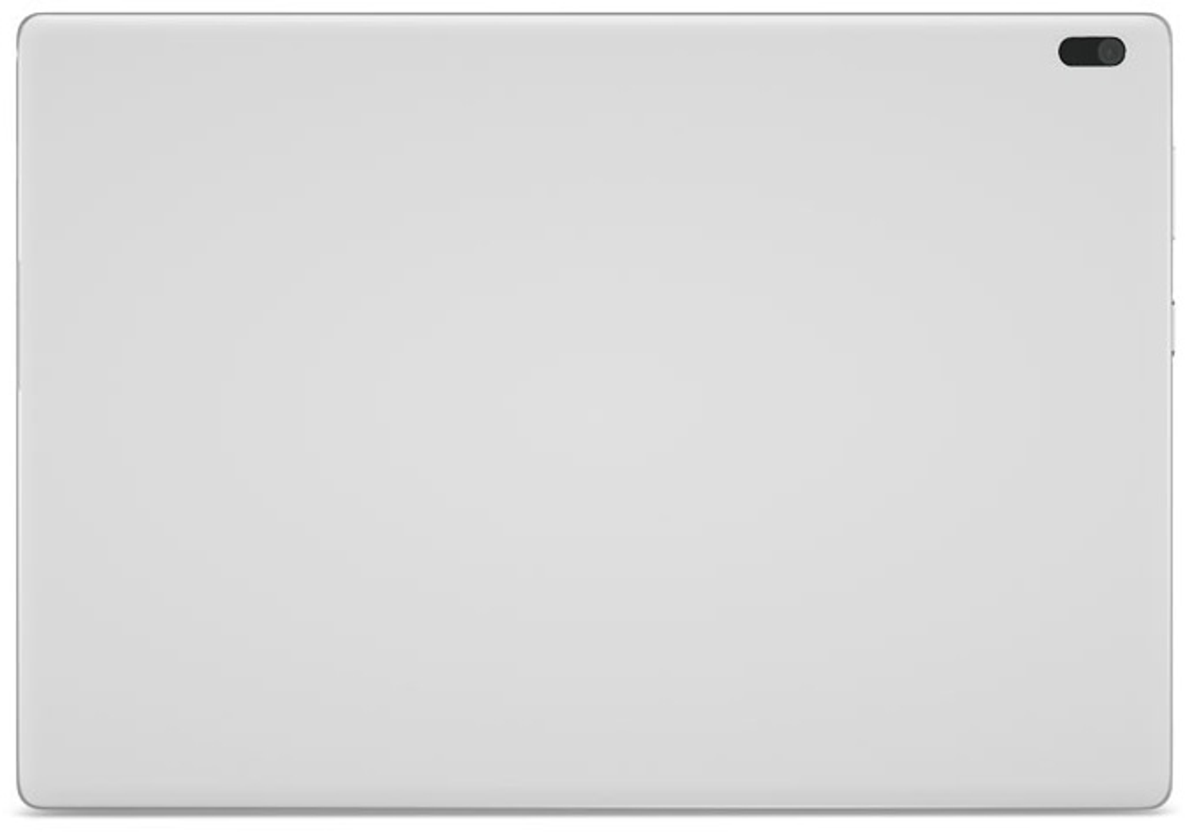 Rückseite eines weißen Tablets mit Kamera. Einfache weiße Oberfläche.