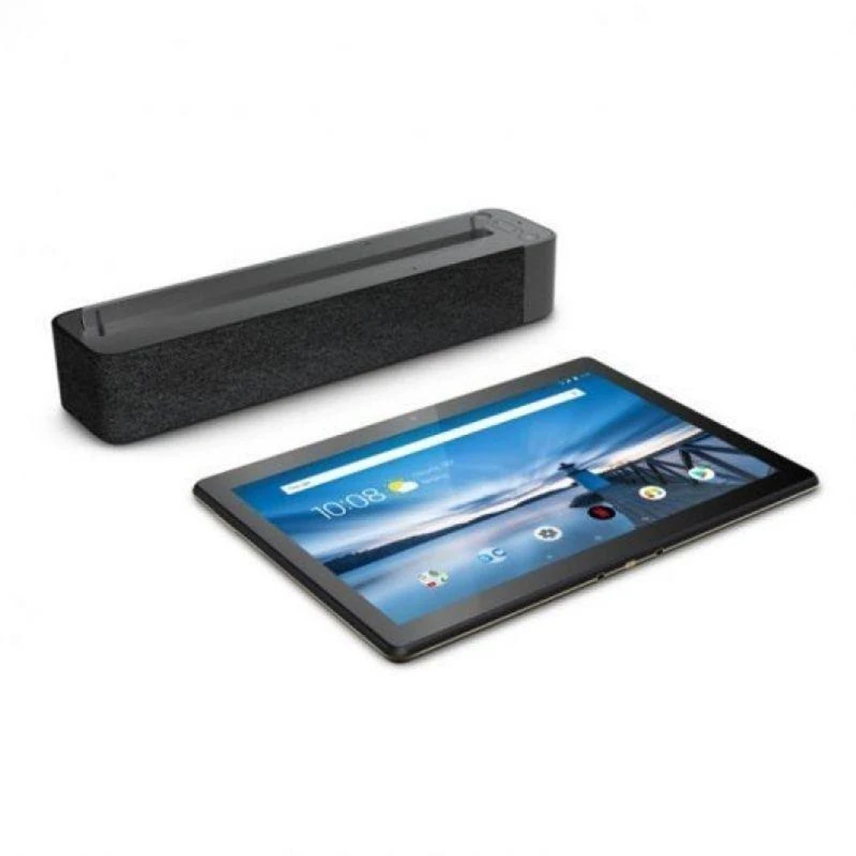 Tablet i głośnik, czarny i szary, na białej powierzchni, pod kątem.