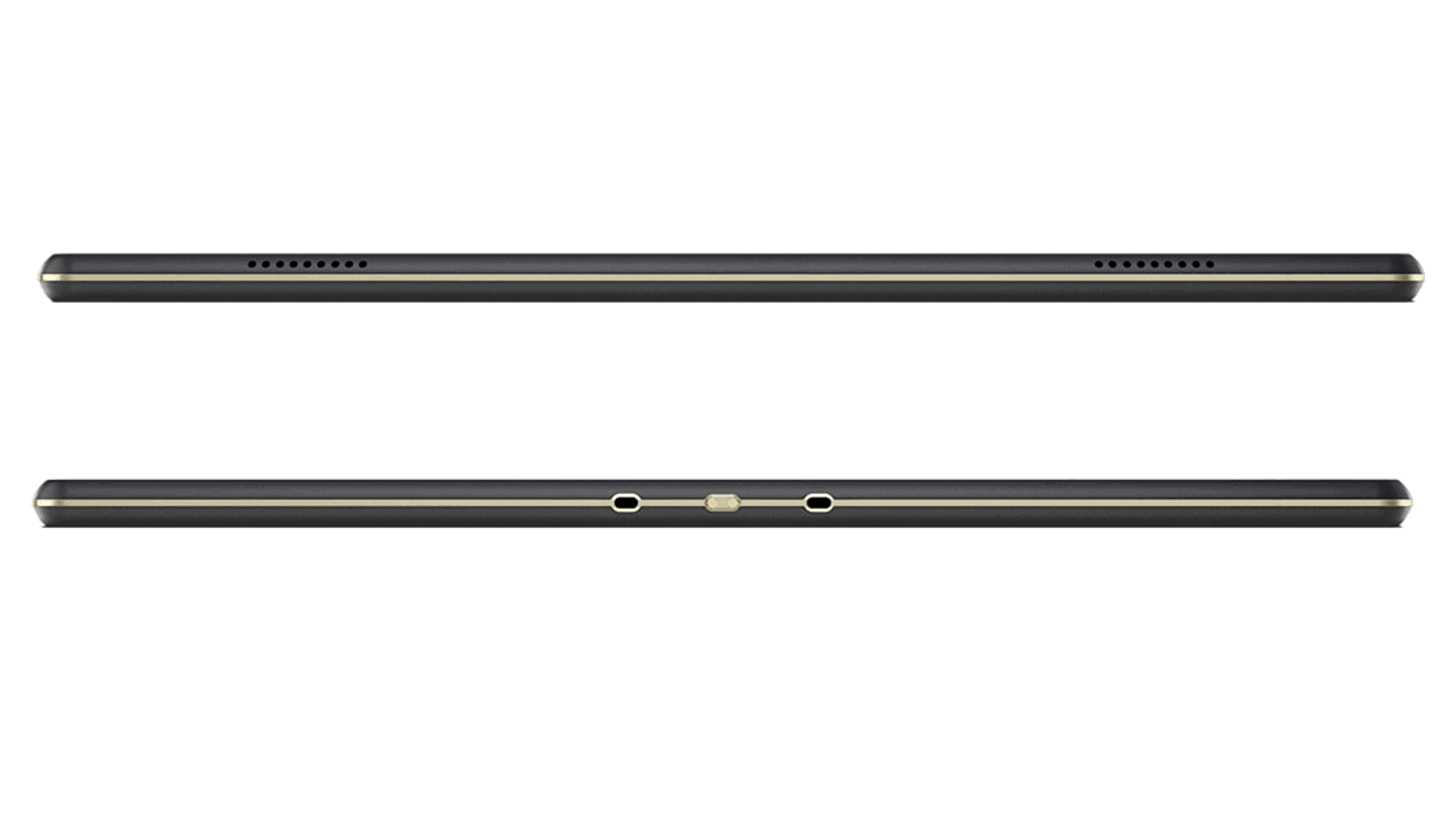 Widok z boku tabletu. Czarno-złota kolorystyka, widoczne porty i otwory głośników.