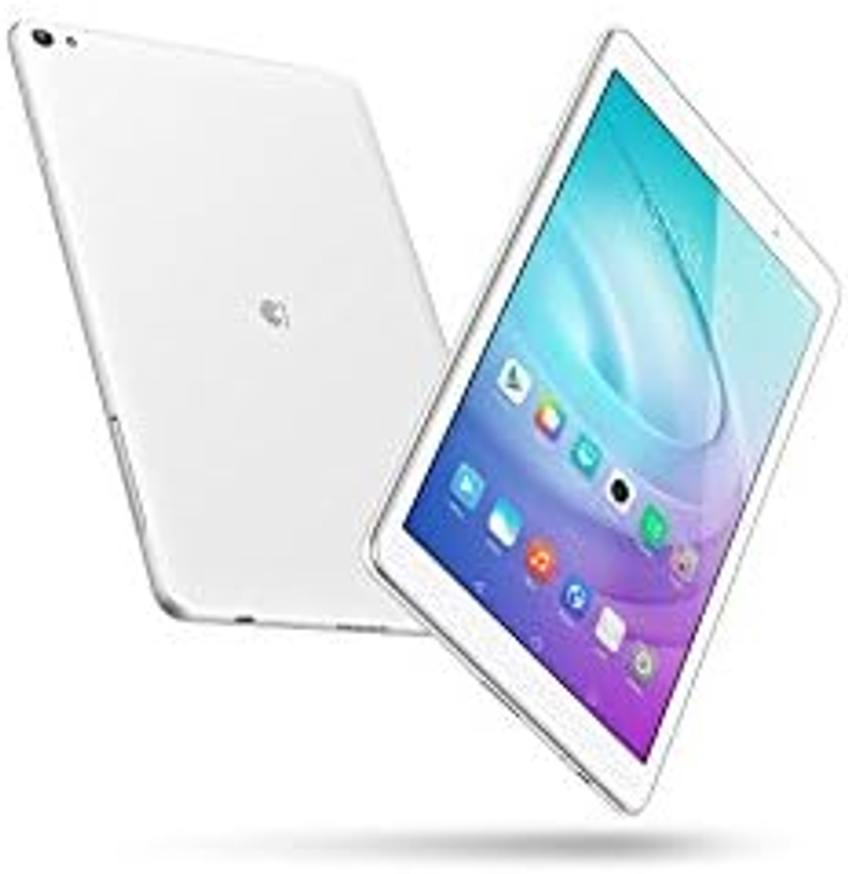 Weißes Tablet mit zwei Bildschirmen. Einer zeigt App-Symbole. Weißer Hintergrund.