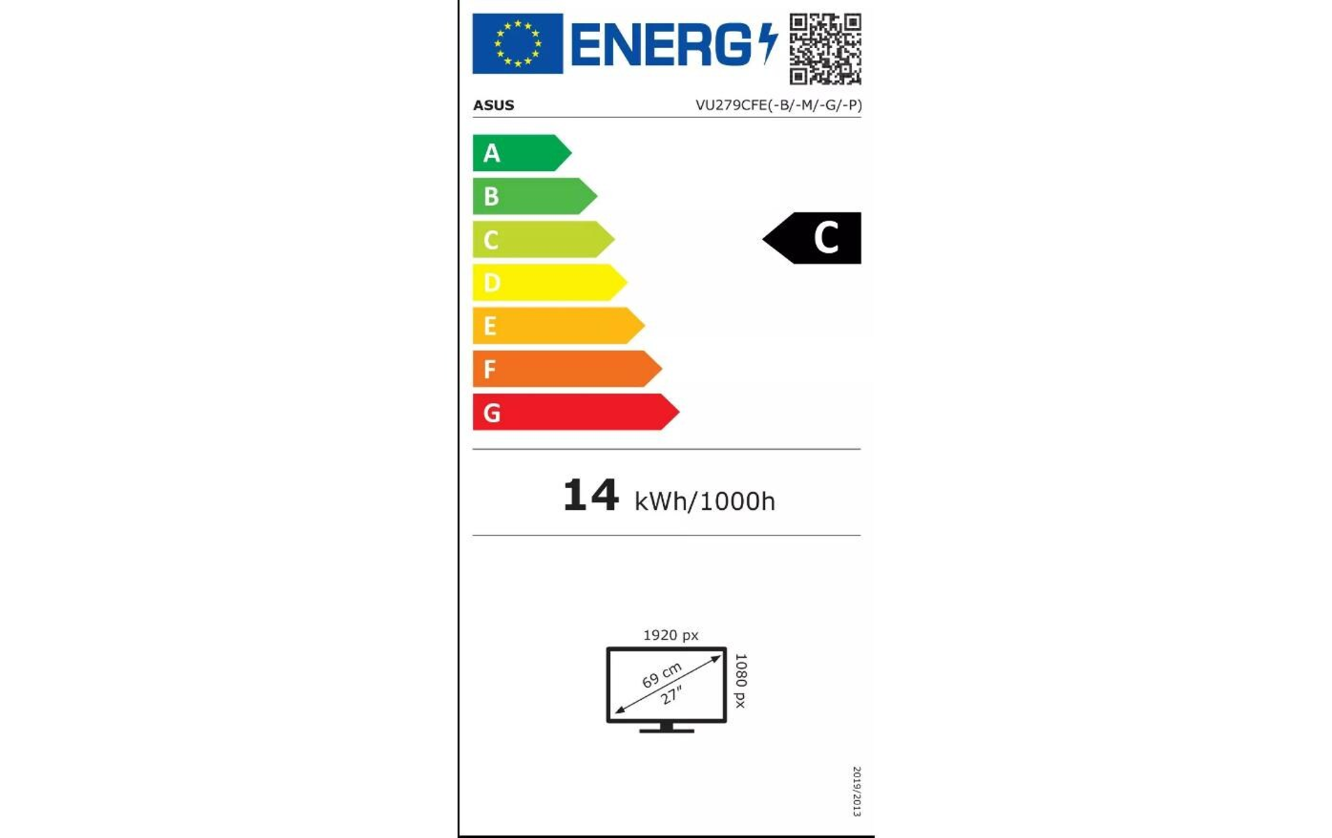 Energielabel voor monitor. Toont energie-efficiëntieclassificaties, specificaties en een QR-code.