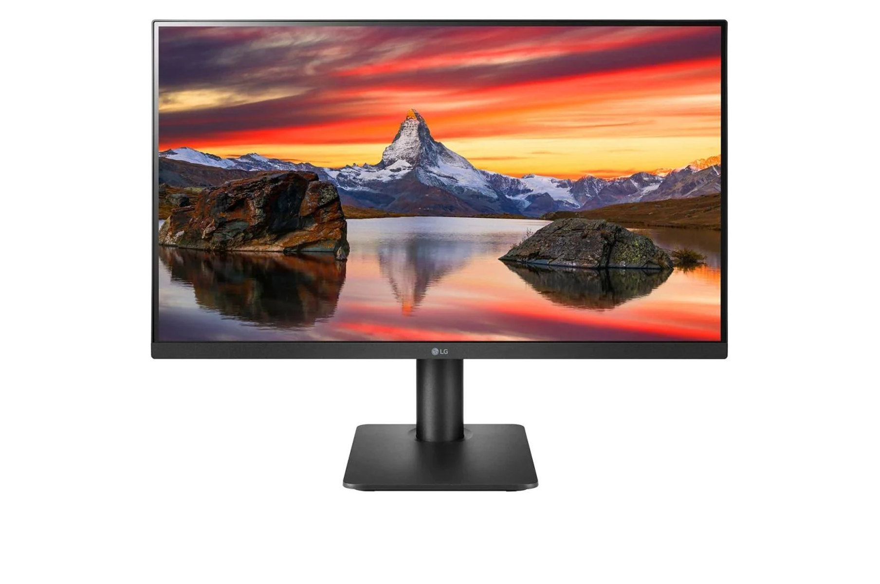 Monitor nero su un supporto, che mostra un paesaggio con un lago e montagne.