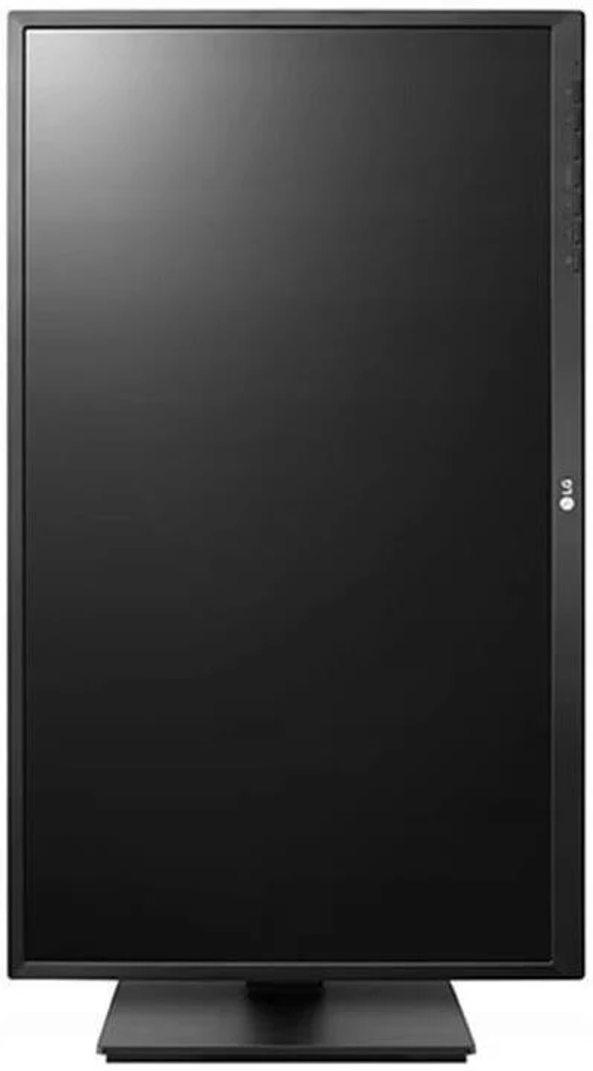 Monitor nero, vista frontale, schermo rettangolare, supporto nero. Sfondo bianco. Logo LG a destra.