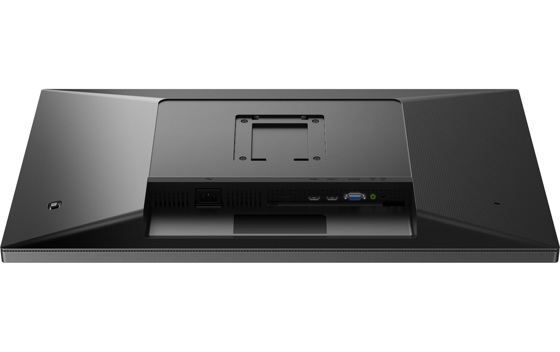 Tył czarnego monitora z portami. Zawiera HDMI, zasilanie i uchwyt montażowy.
