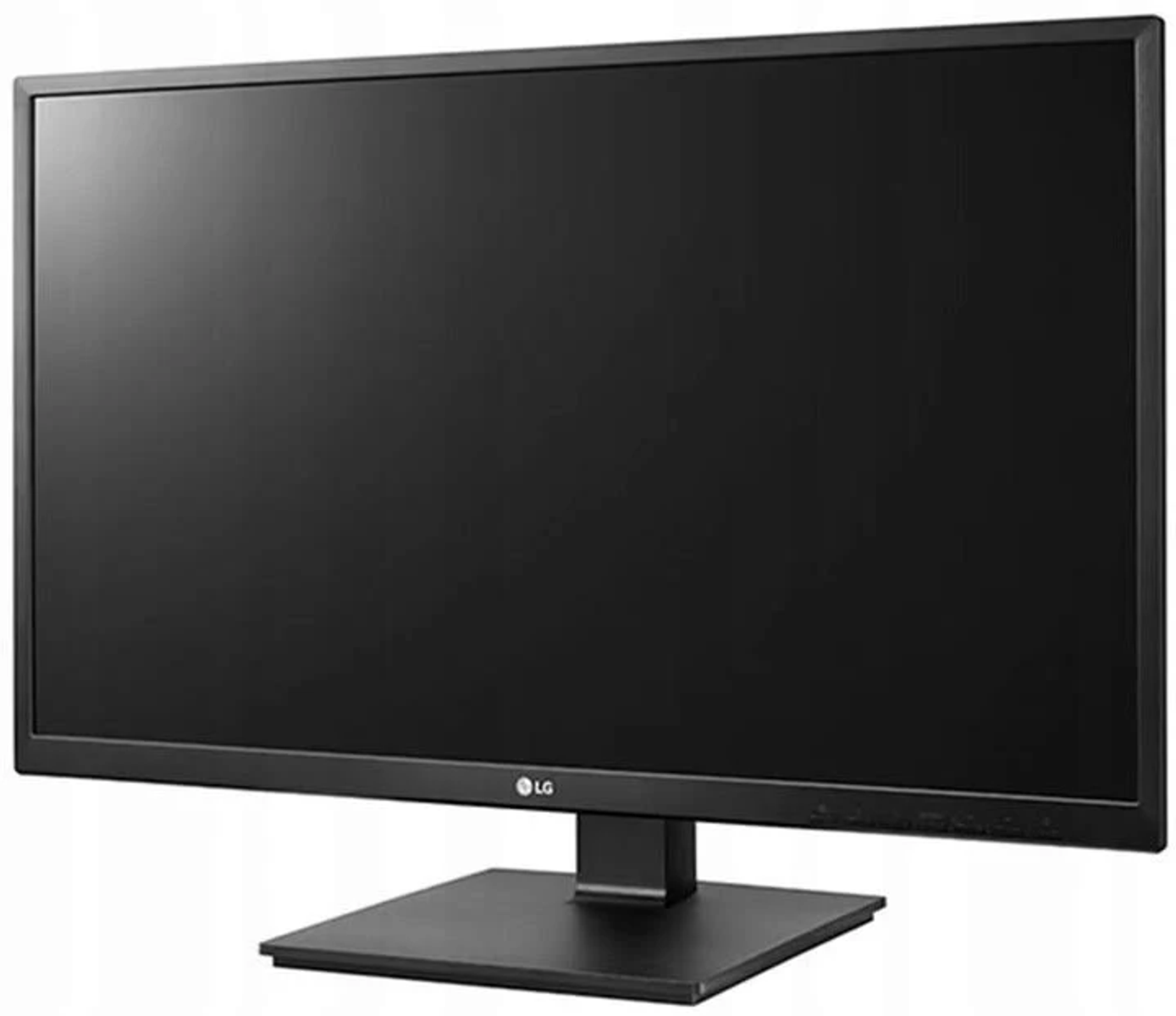 Monitor del computer nero. Lo schermo è tutto nero. È su un supporto nero.