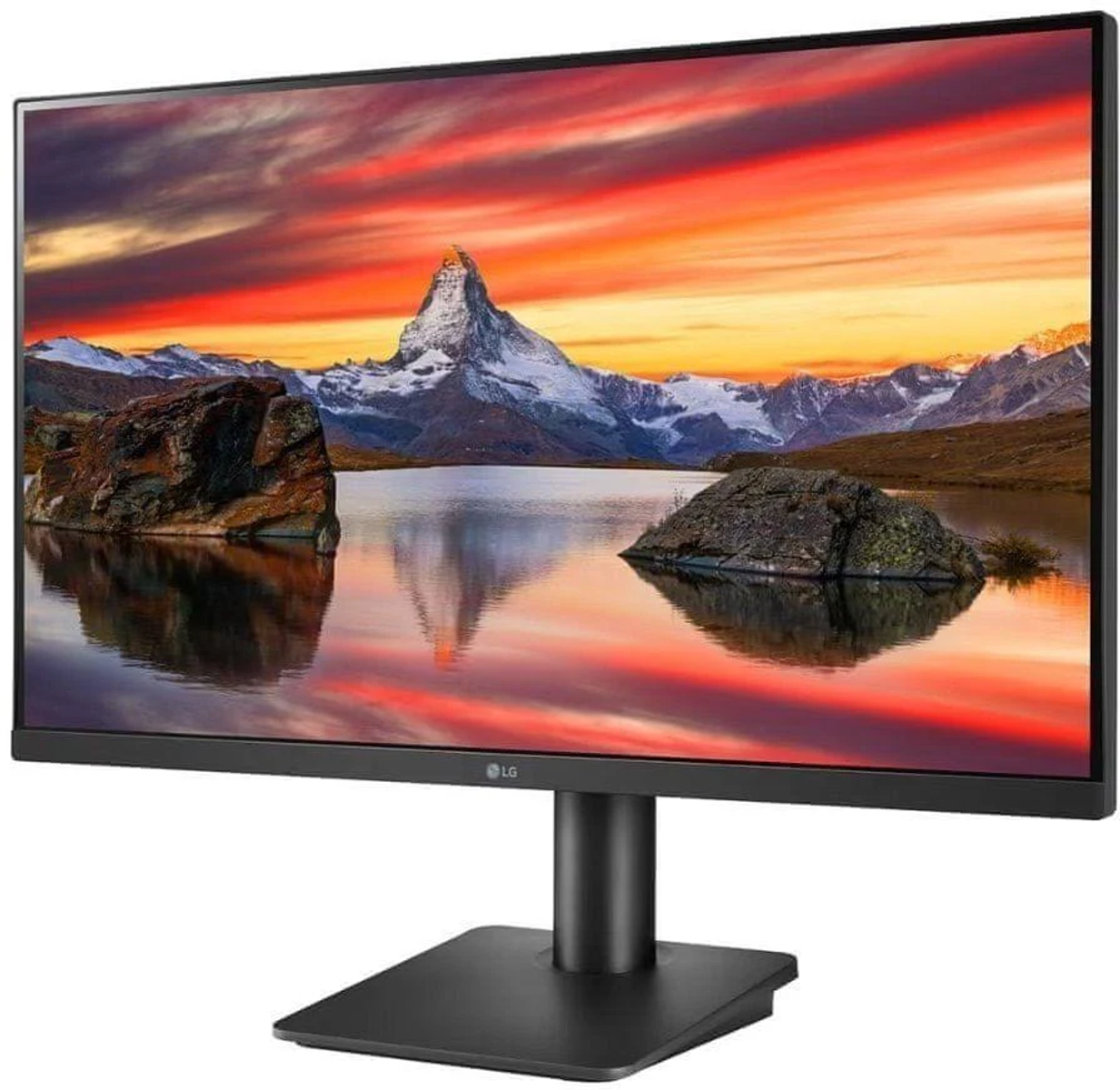 Monitor LG che mostra una catena montuosa al tramonto riflessa nell'acqua.