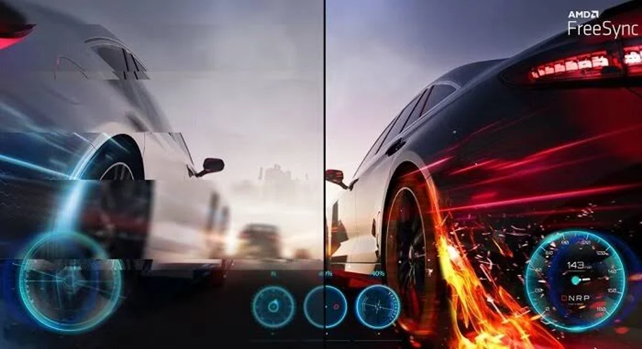 Immagine divisa: auto a sinistra, auto a destra con fiamme. Display digitale mostra la velocità.