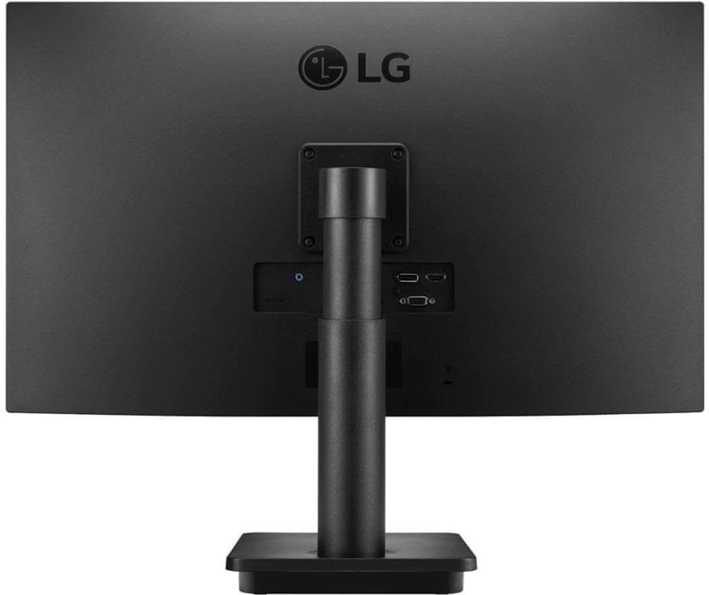 Retro di un monitor LG nero. Mostra il supporto e le porte per le connessioni.