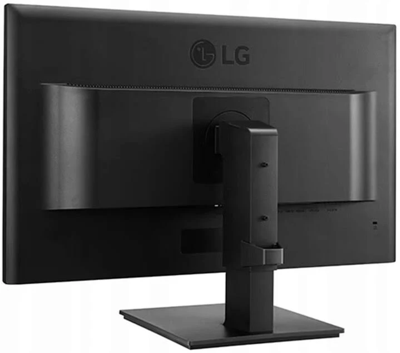 Vista posteriore di un monitor LG nero con supporto. Il logo LG è visibile in alto.