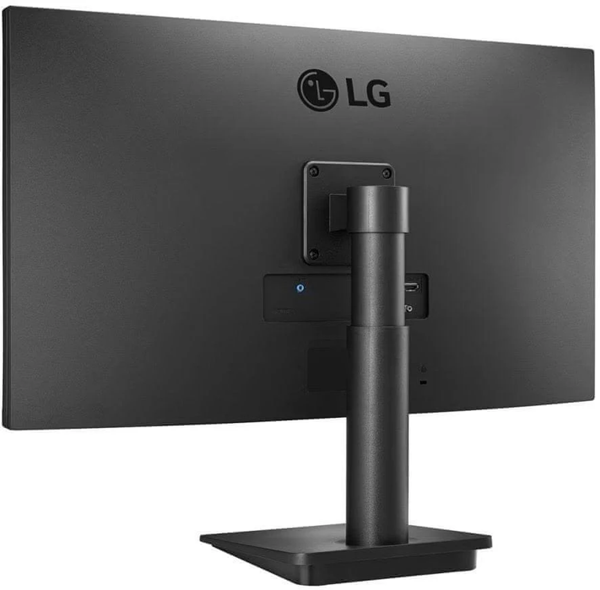 Retro del monitor LG nero con supporto. Logo LG visibile.
