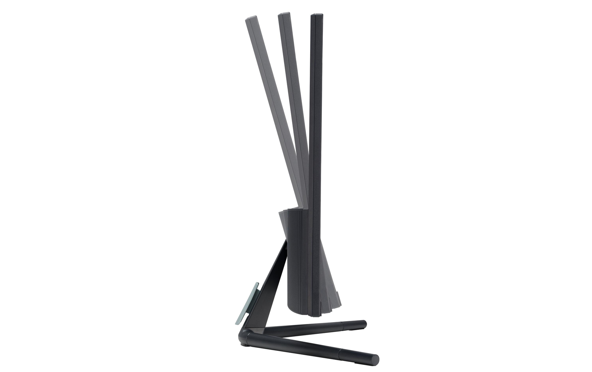 Monitor van de zijkant, zwart, met standaard, toont instellingsopties.