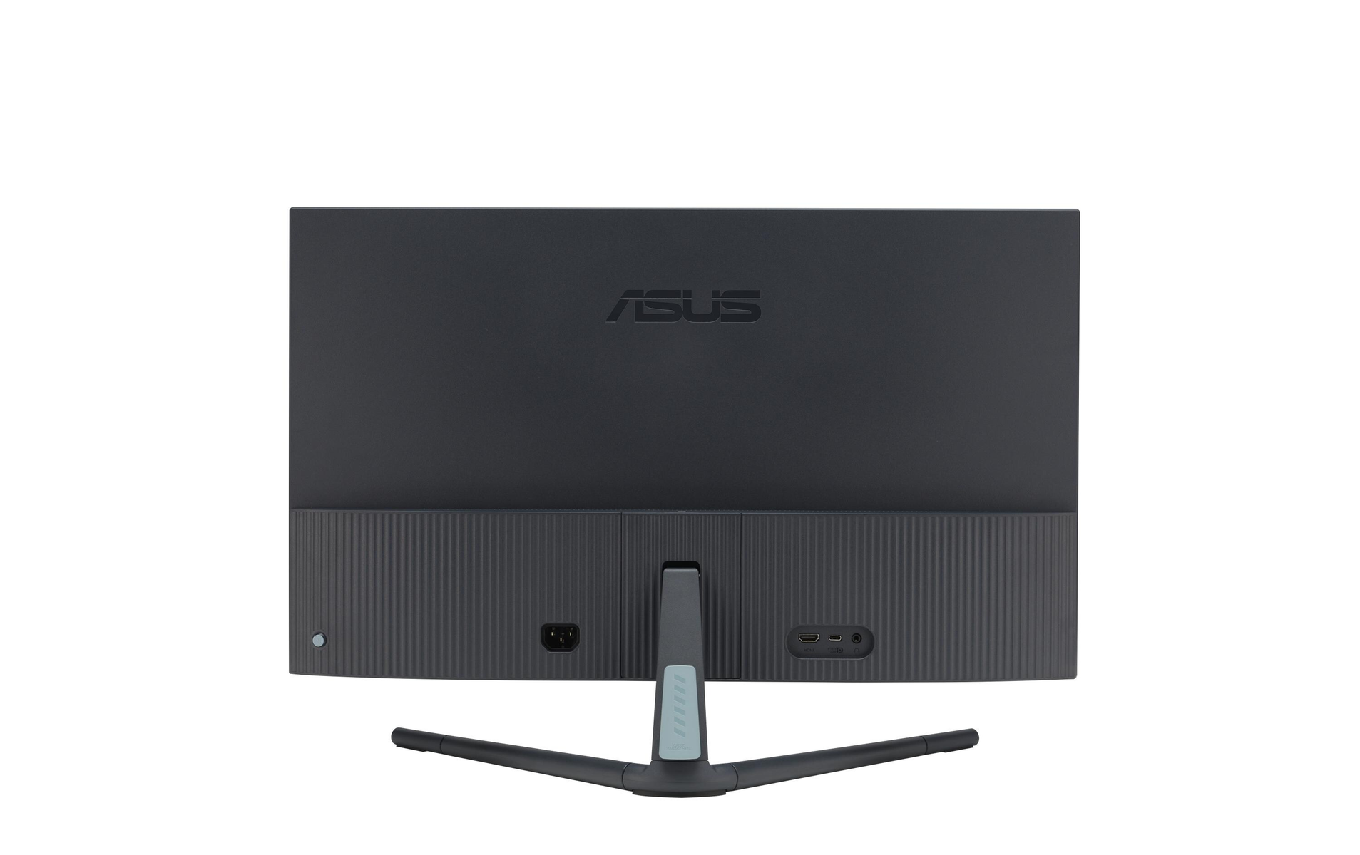 Achterkant van een zwarte monitor met een standaard. De monitor heeft het ASUS-logo bovenaan.
