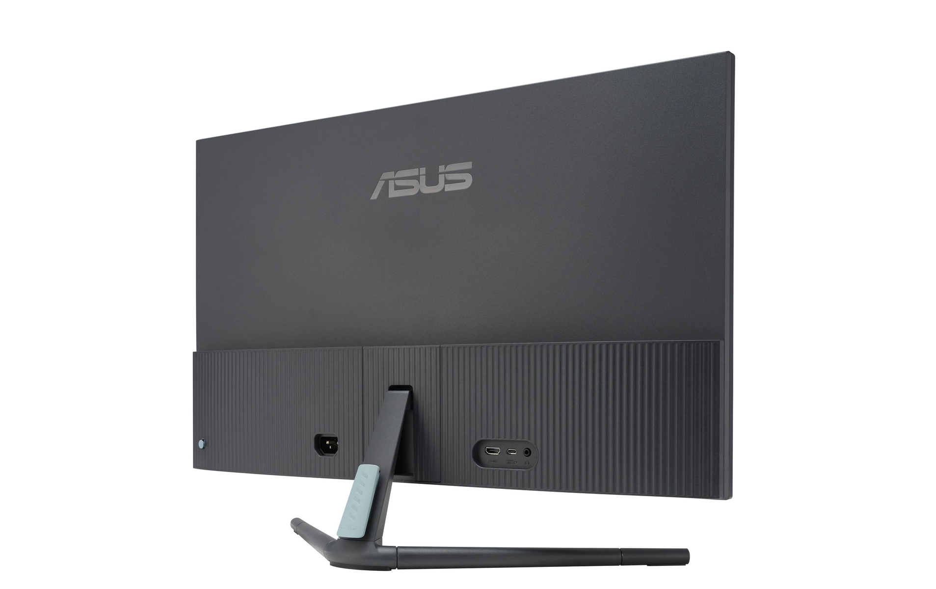 Achteraanzicht van een ASUS monitor, donkergrijs met standaard en poorten zichtbaar op witte achtergrond.