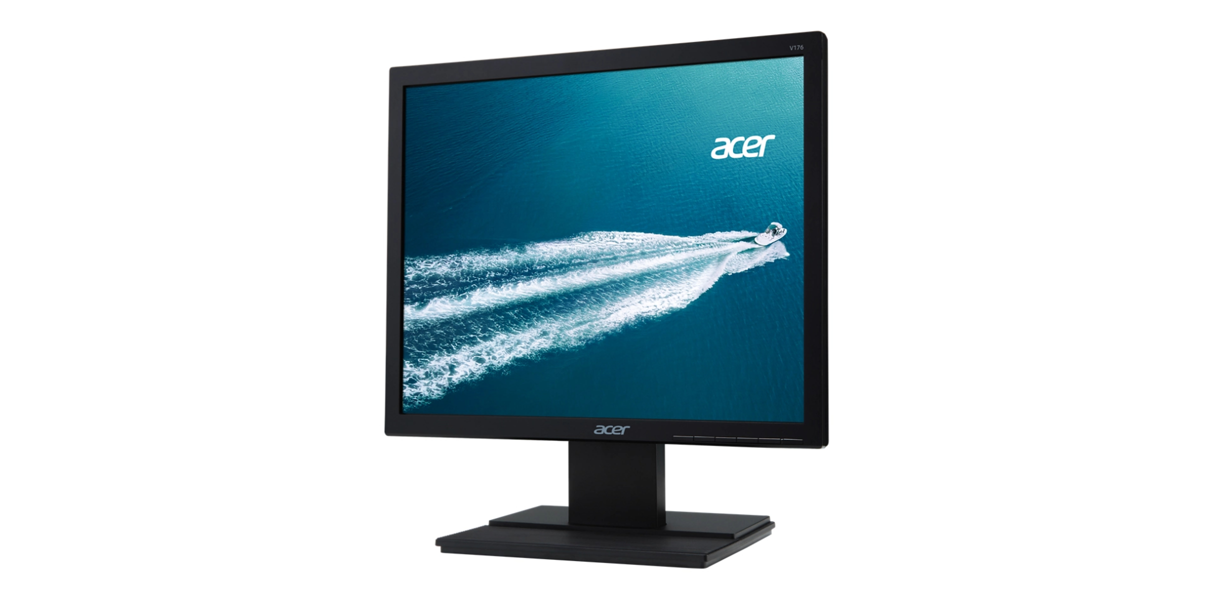 Czarny monitor komputerowy z łodzią na ekranie i logo Acer.