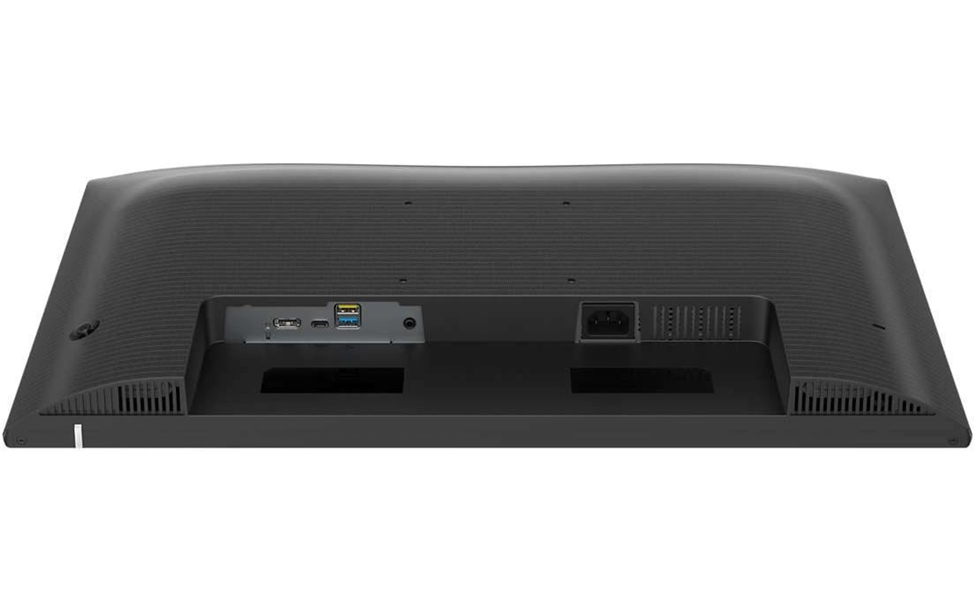 Tył czarnego monitora komputera z różnymi portami.