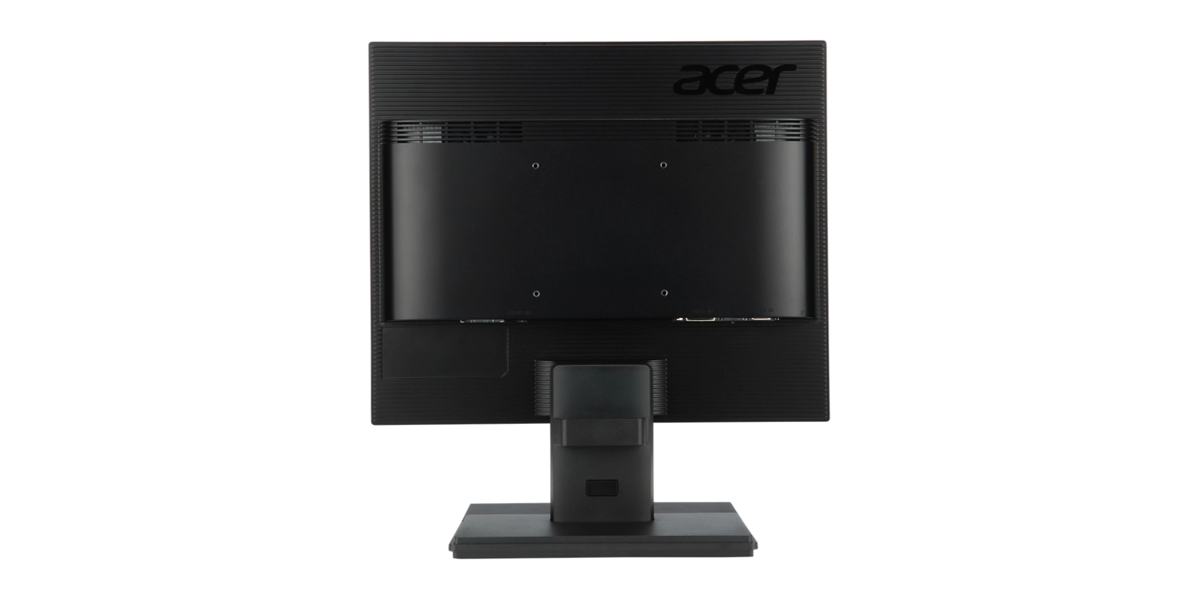 Czarny monitor Acer, widok z tyłu, z logo Acer i podstawą. Podstawa jest czarna.