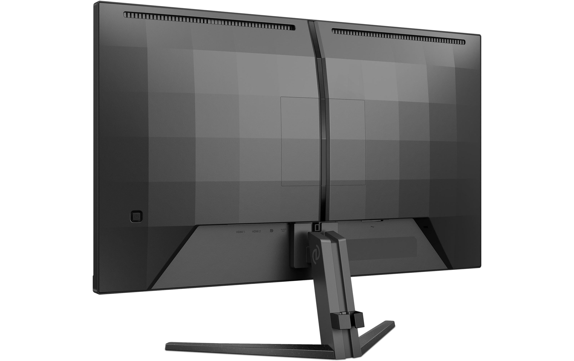 Achterkant van een zwarte monitor, met poorten en een standaard. Het heeft een geometrisch patroon.