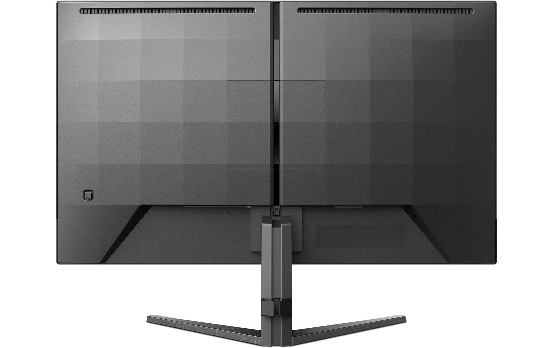 Achteraanzicht van twee monitoren naast elkaar, met de standaard eronder zichtbaar.