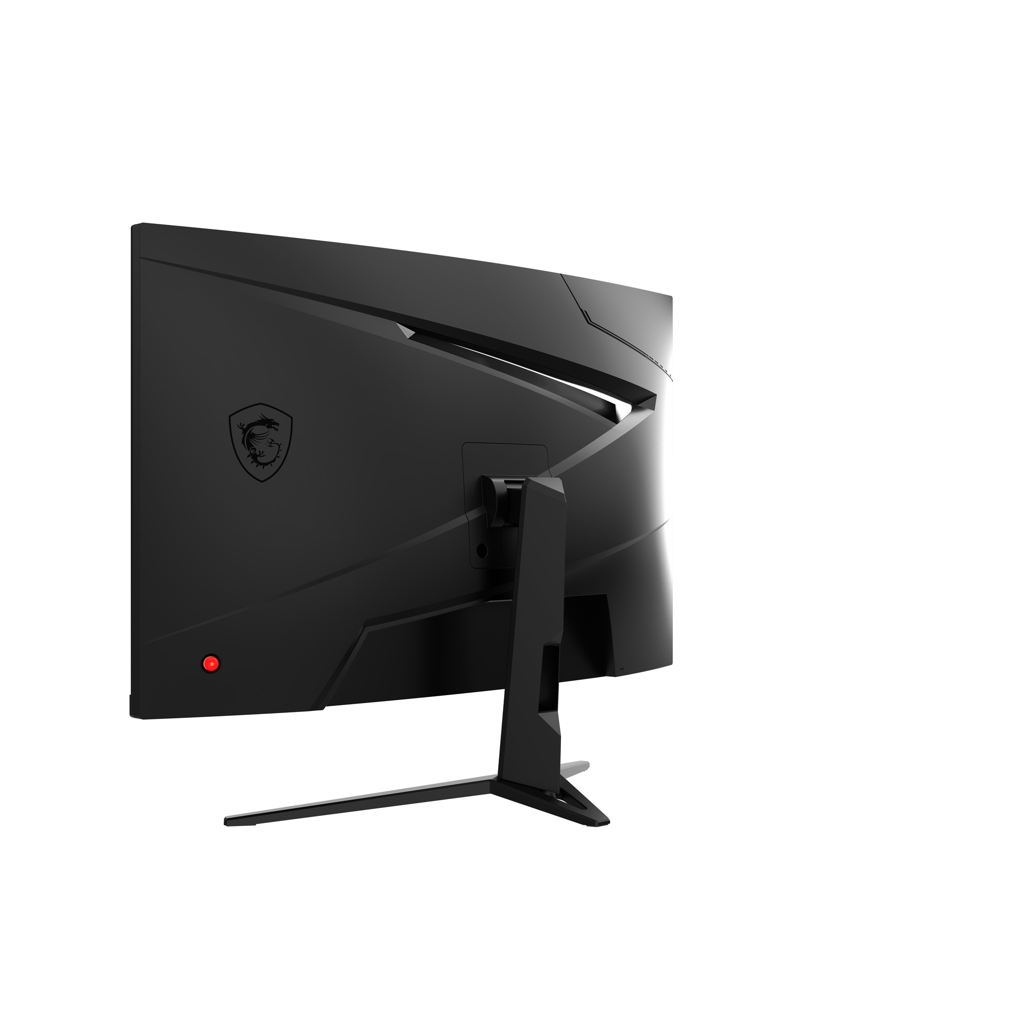 Parte trasera del monitor MSI, mostrando soporte y logo. Negro, en ángulo, sobre fondo blanco.