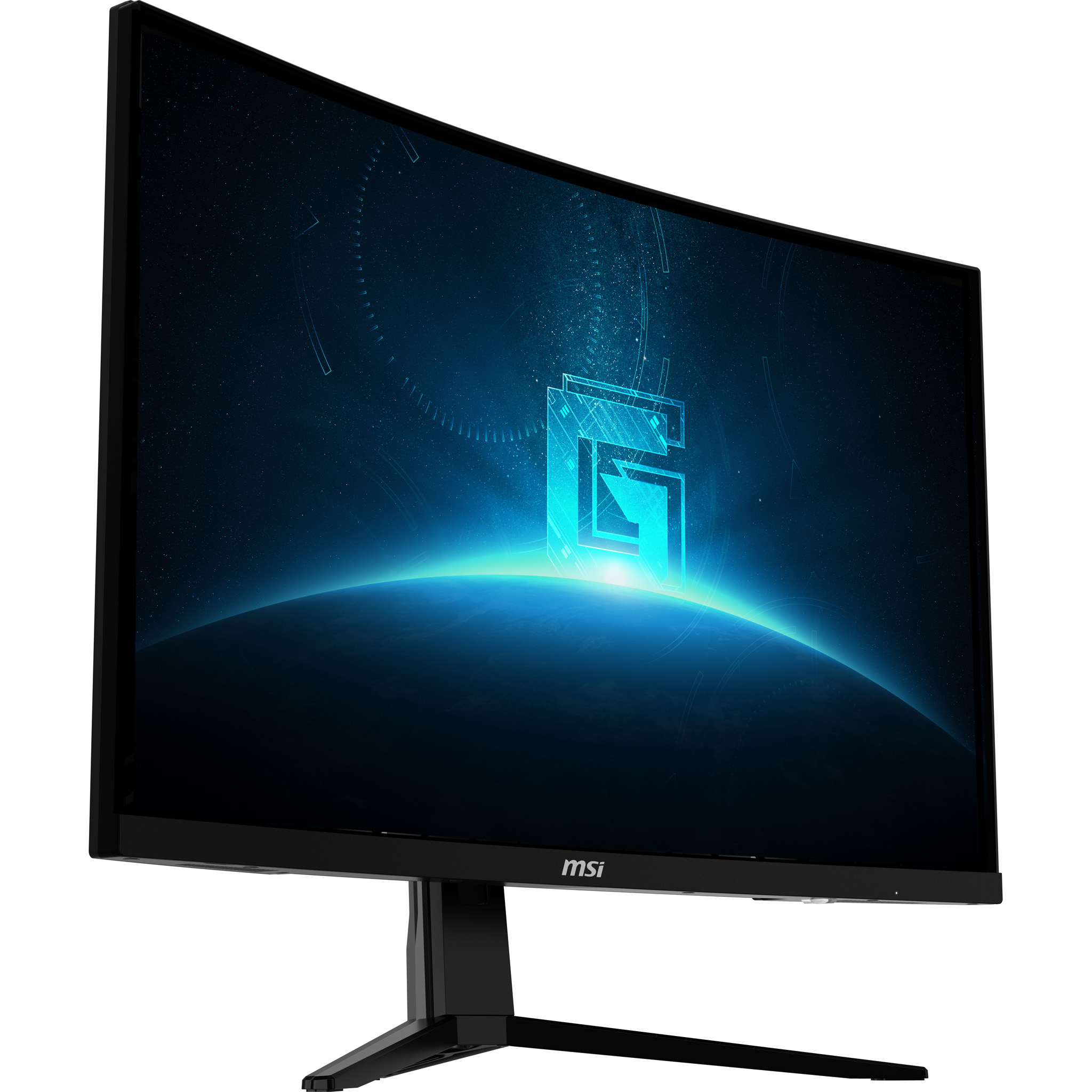 Monitor negro curvo con logo azul, sobre soporte negro, la marca 'msi' en la parte inferior.