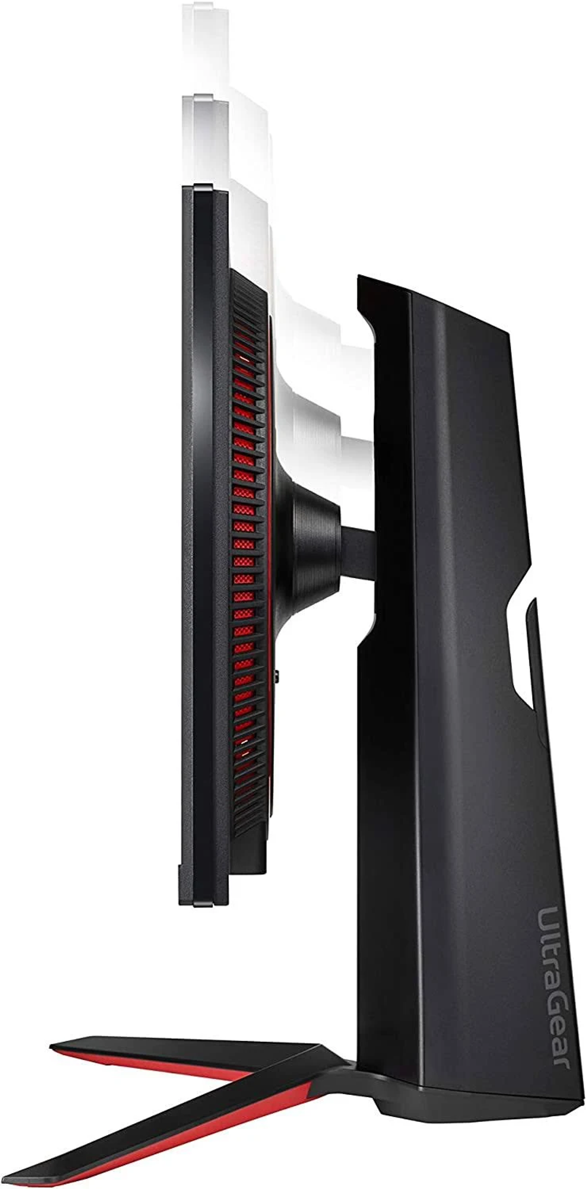 Vista laterale di un monitor UltraGear. È nero con un design rosso sul retro.