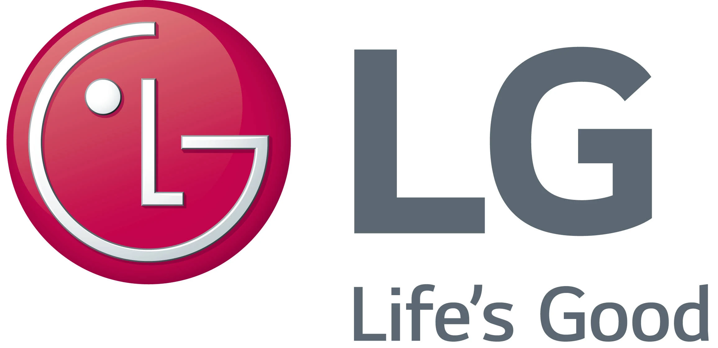 Il logo LG presenta un cerchio rosso con un punto bianco e le lettere LG, con 'Life's Good' sotto.