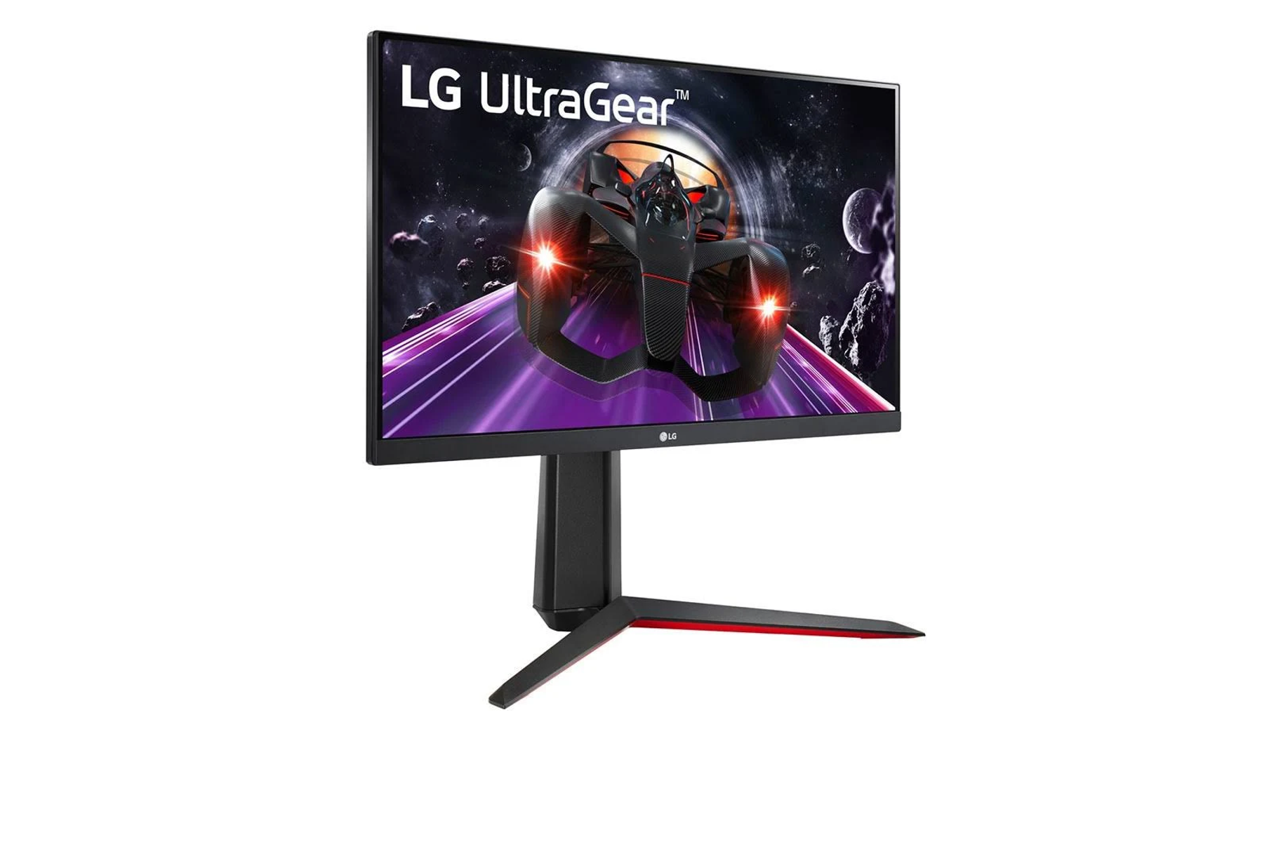 Monitor LG UltraGear, nero con dettagli rossi. Mostra una scena di gioco di corse.