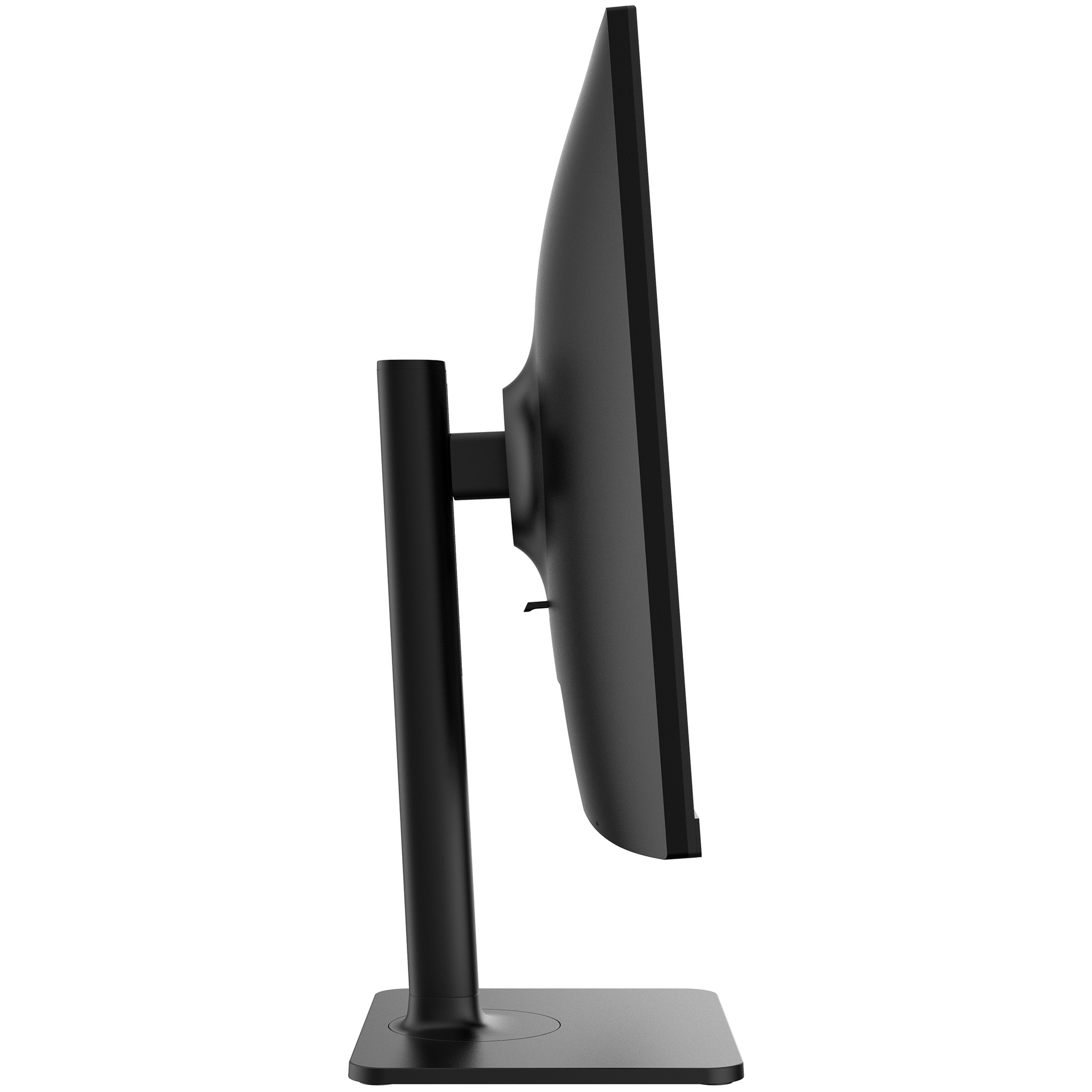 Monitor negro desde la vista lateral. Tiene un soporte y una base negra.