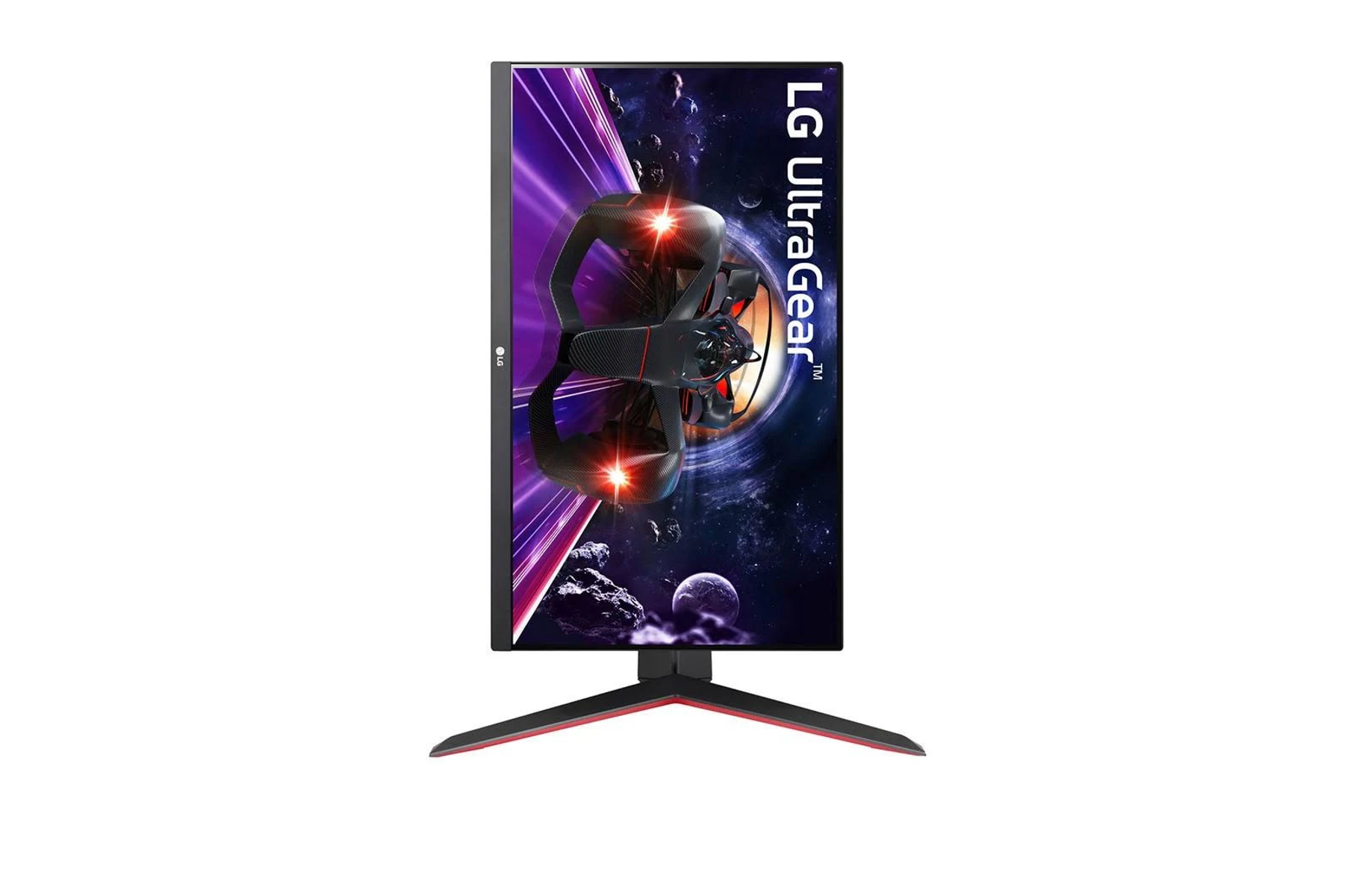 Monitor LG UltraGear che mostra una scena di gioco con un design rosso e nero.