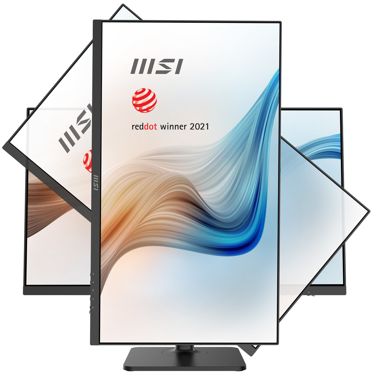 Múltiples monitores de computadora. Marcos negros. Marca MSI. Ganador Reddot 2021. Fondo blanco.