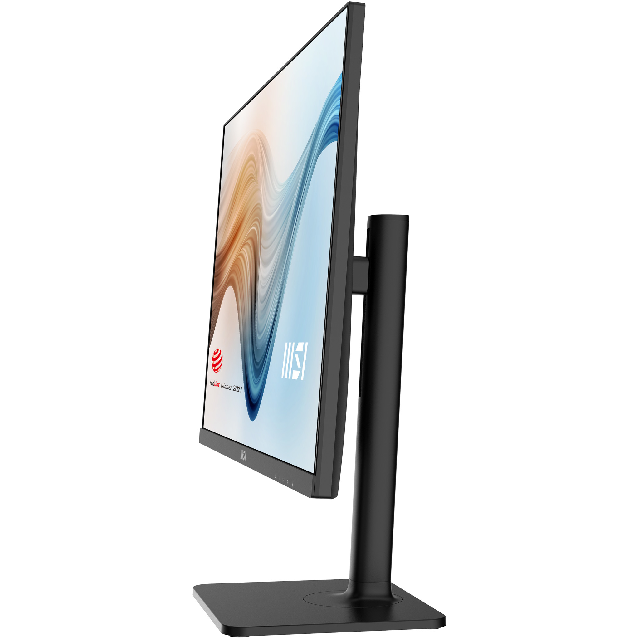 Monitor negro, vista lateral, muestra un diseño abstracto azul y naranja. Soporte y marco negros.