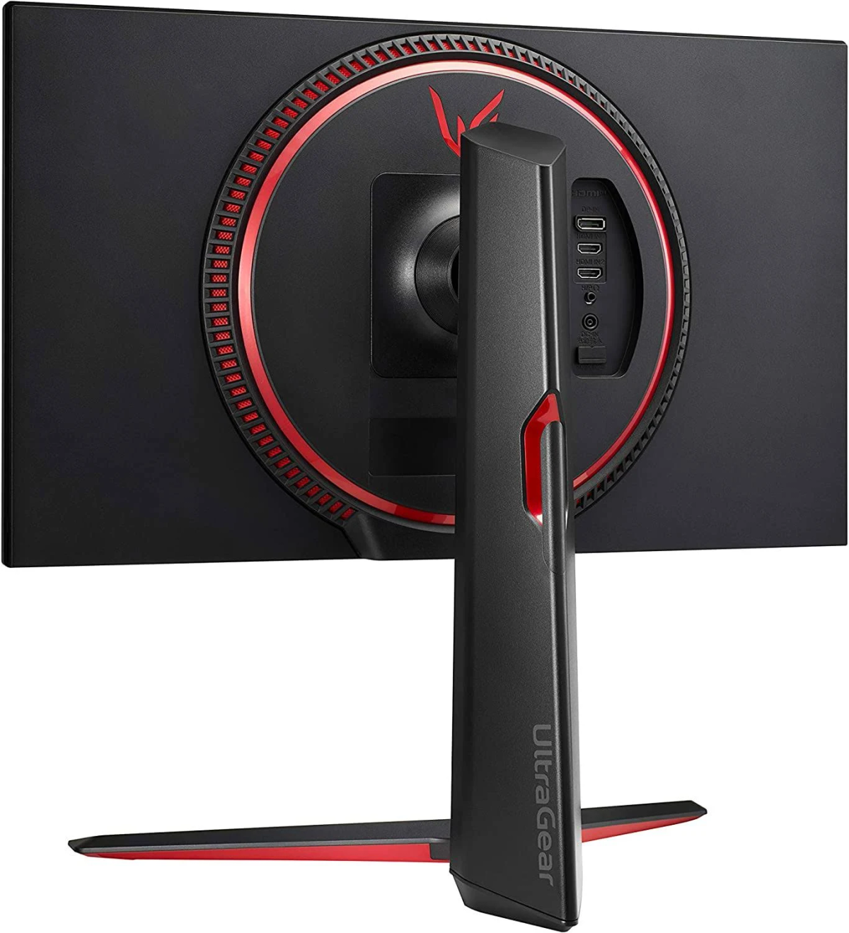 Vista posteriore del monitor nero. Ha dettagli rossi, porte e un supporto. Il logo LG Ultragear è visibile.