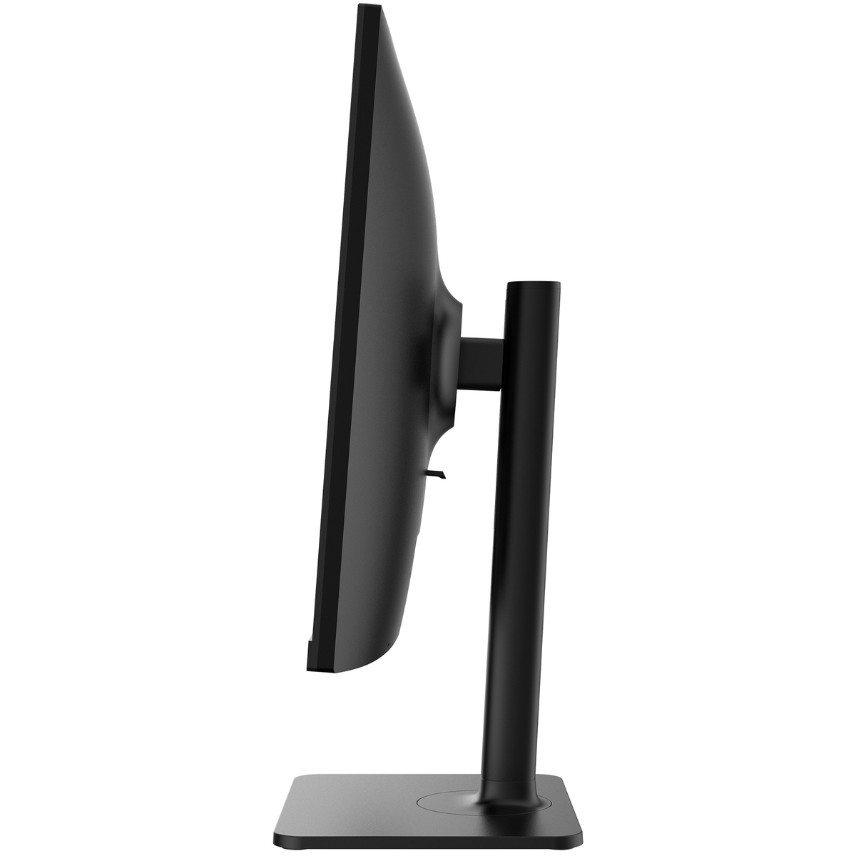 Vista lateral del monitor LG, pantalla negra, soporte, fondo blanco.