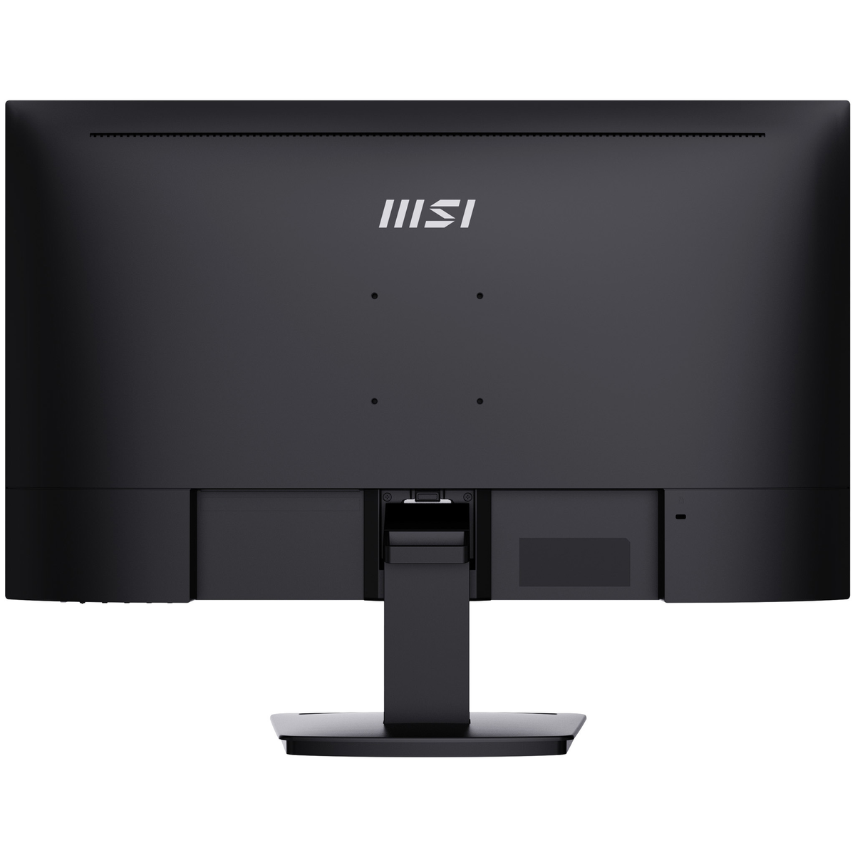 Retro di un monitor MSI con base e supporto neri, logo MSI in alto.