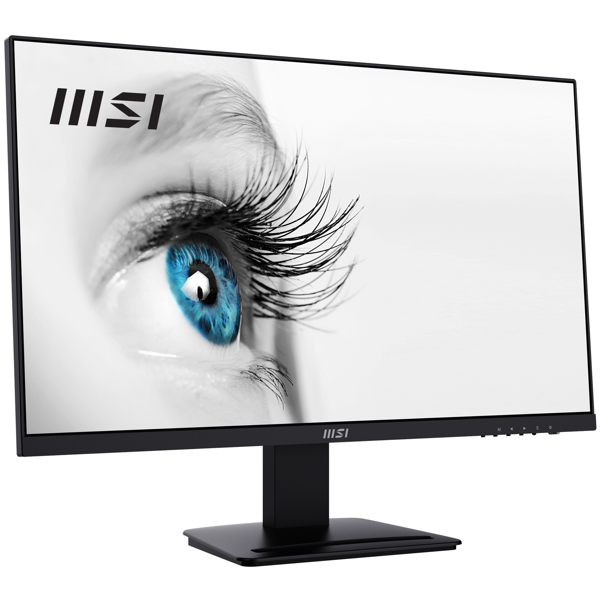 Side view of a black monitor with a black stand against a white background.