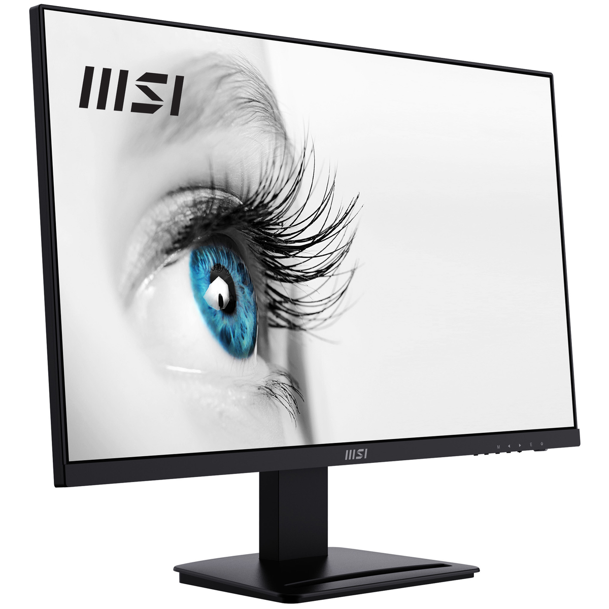 Un monitor nero con un primo piano di un occhio blu sullo schermo.