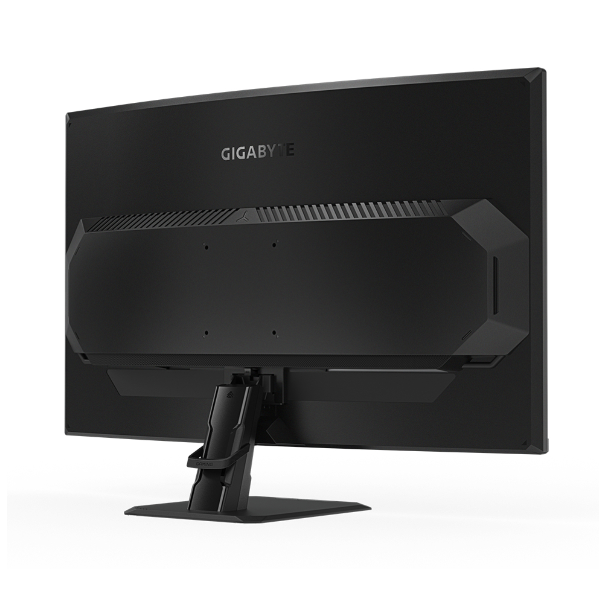 Monitor negro, parte trasera negra con ventilación y soporte. Logo Gigabyte arriba. Blanco.