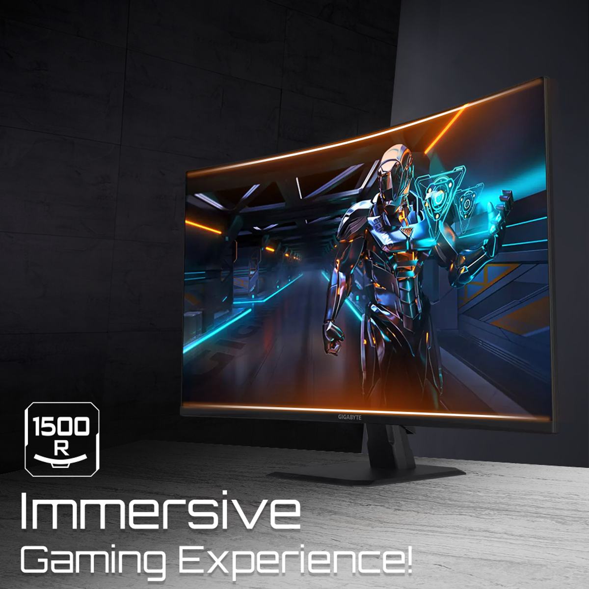 Monitor curvo para juegos mostrando escena futurista, con texto 'Immersive Gaming'.