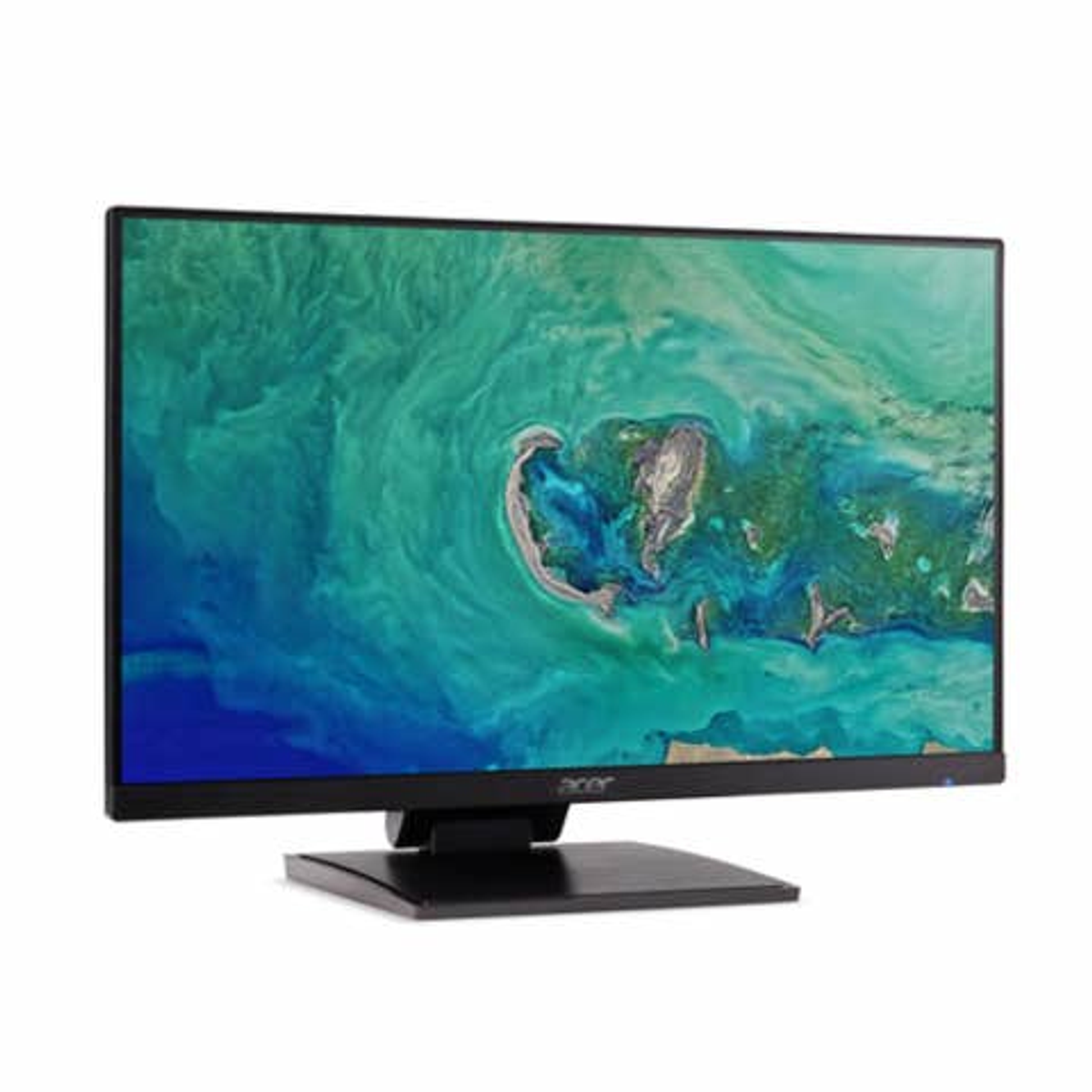 Monitor Acer, que muestra un diseño abstracto colorido. El monitor está sobre un soporte negro. Fondo blanco.