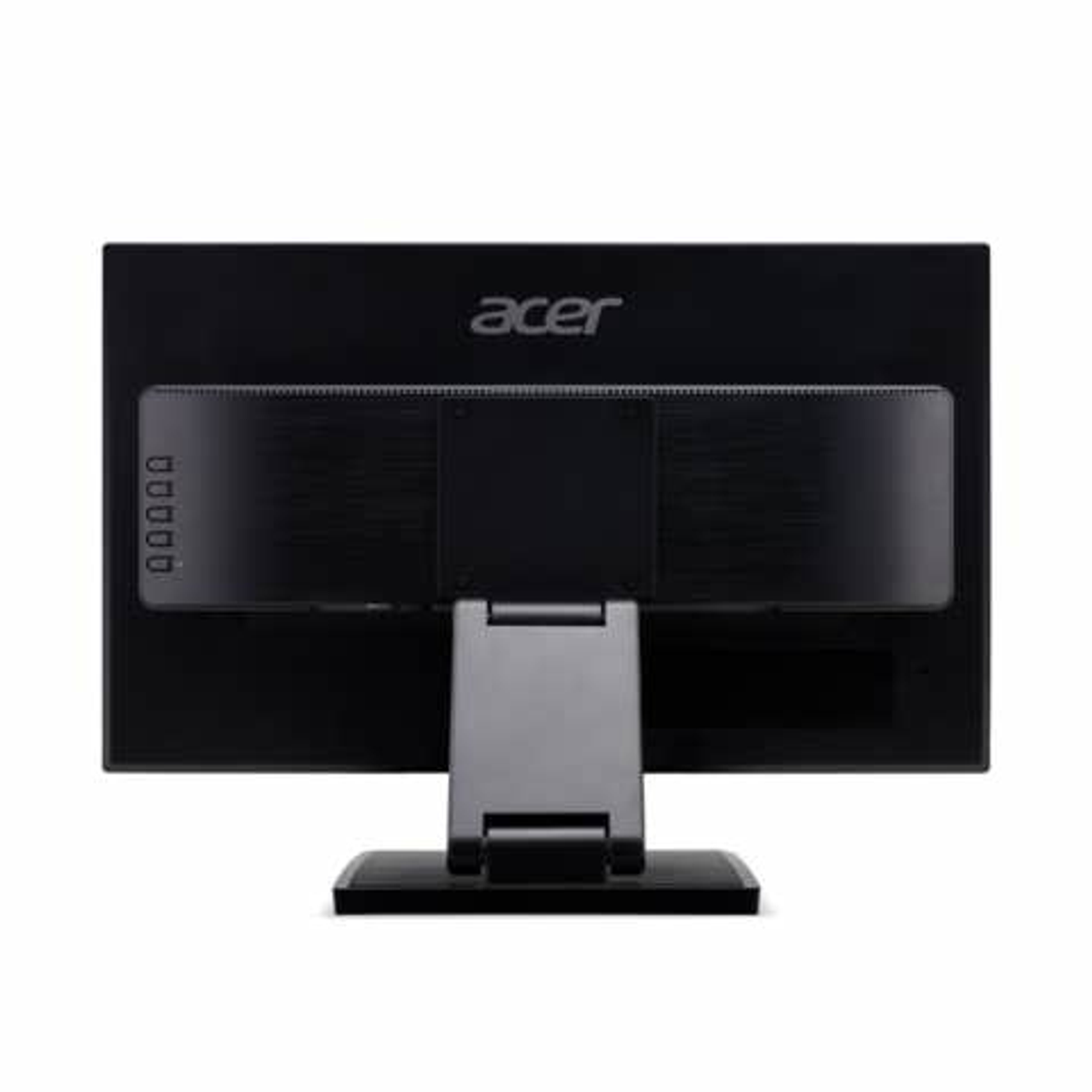 Vista trasera de un monitor Acer negro con el logotipo de Acer. El soporte es gris.
