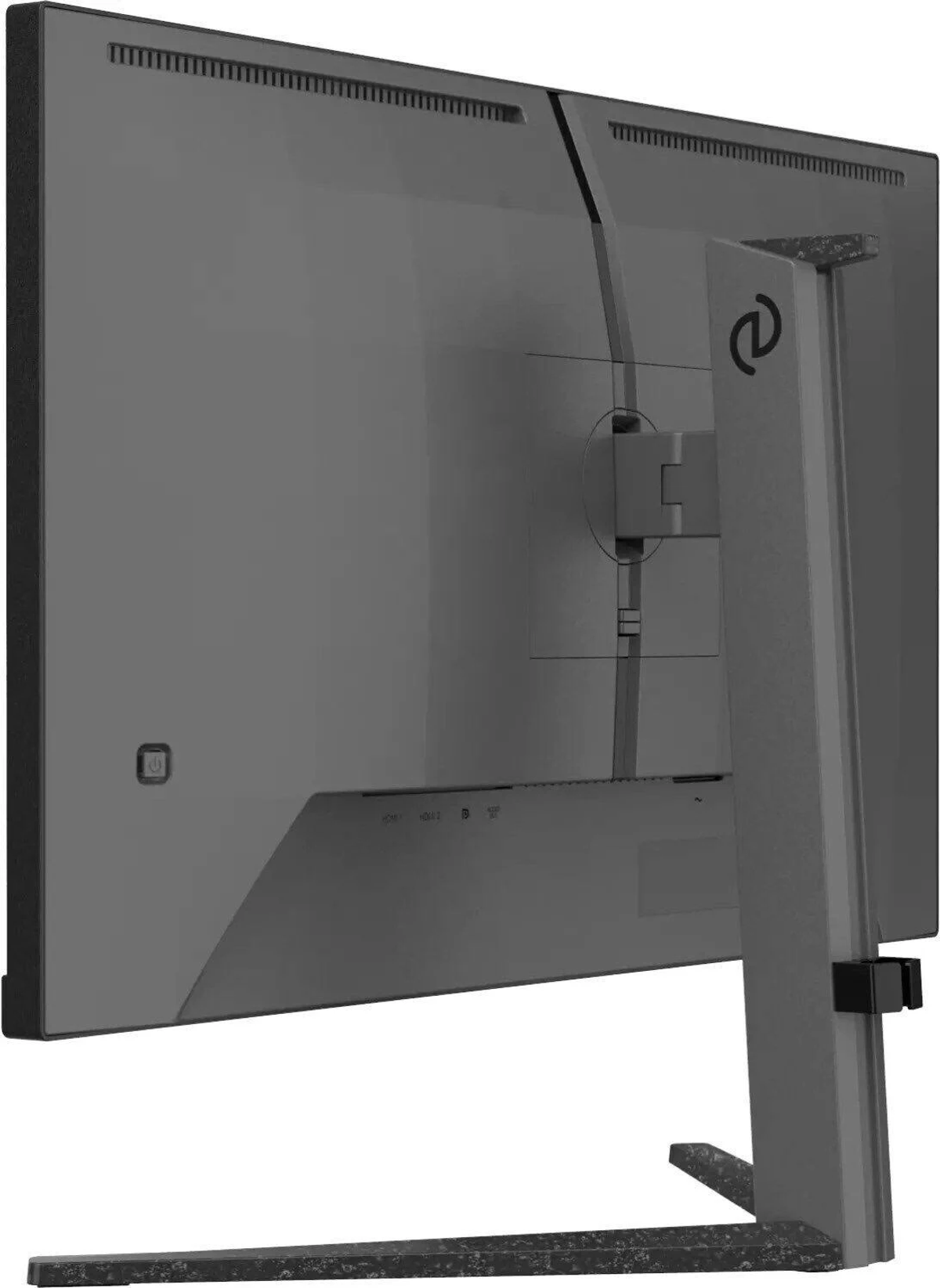 Widok z góry czarnego monitora, z czarnym stojakiem, na białym tle.