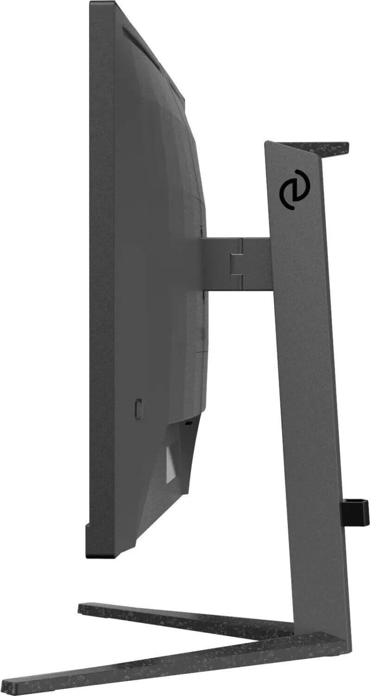 Ciemnoszary monitor z boku, ze stojakiem. Logo znajduje się na stojaku.