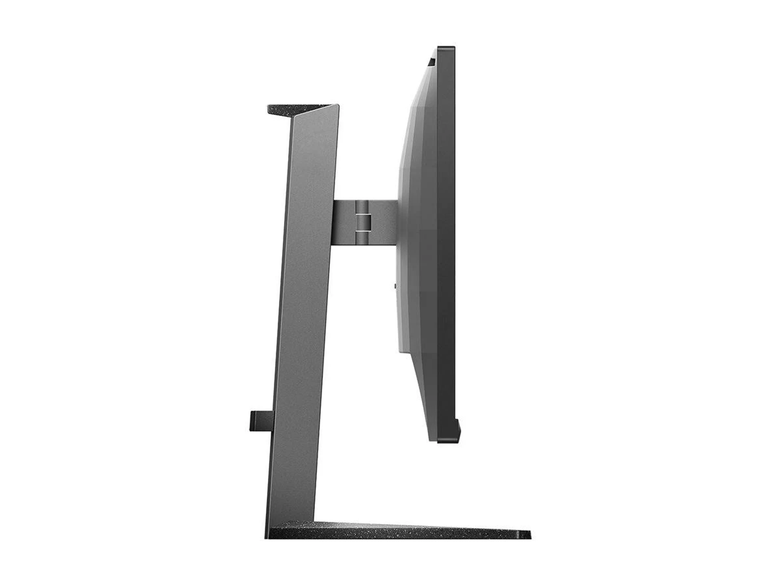 Widok z boku szarego monitora na białym tle. Stojak również jest szary.
