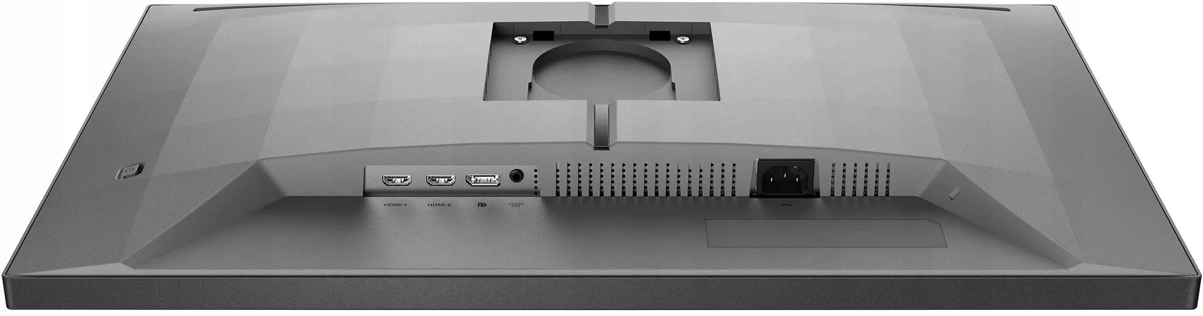 Zbliżenie na dół monitora, pokazujące porty i wejście zasilania.