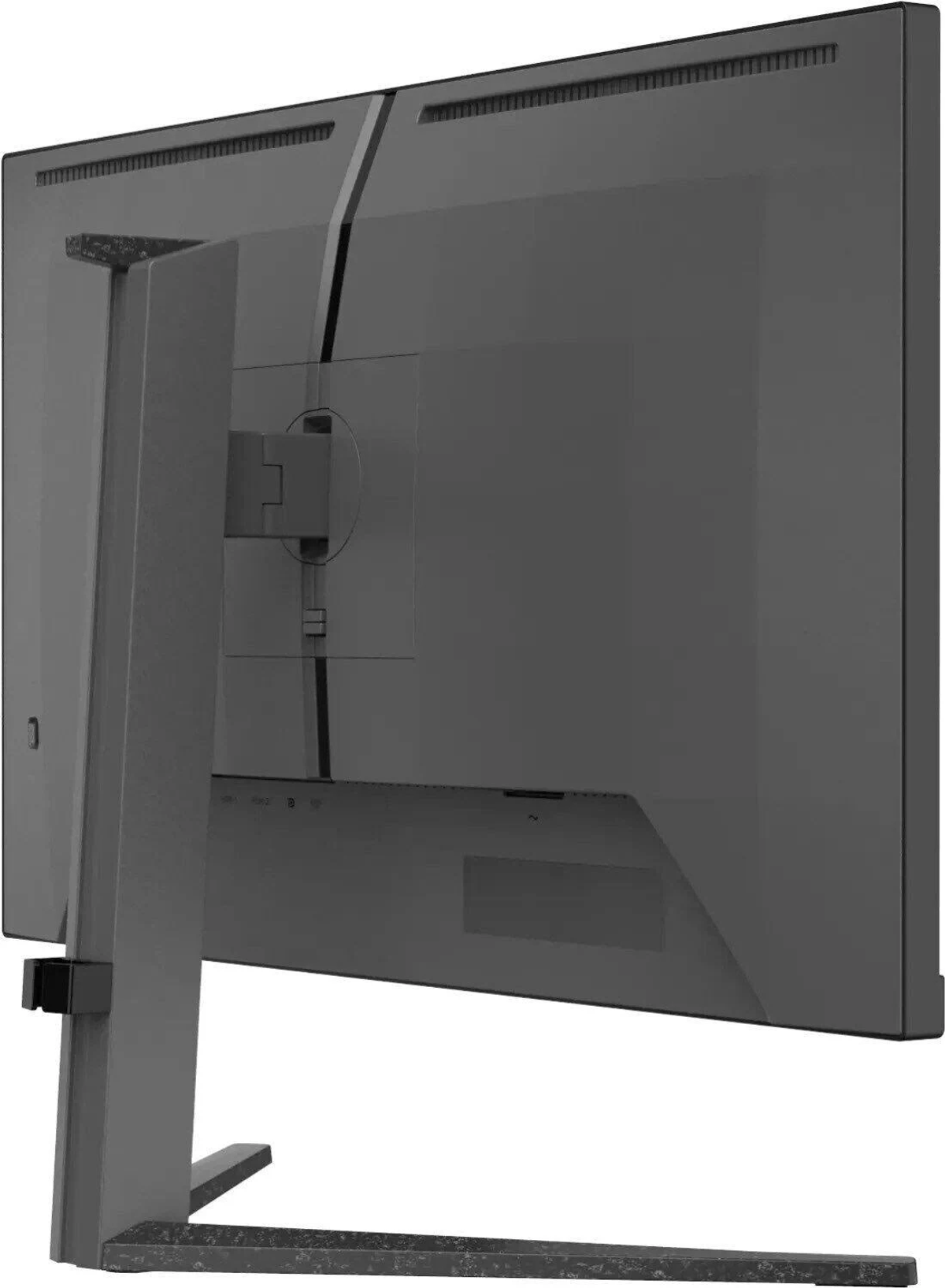 Czarny monitor od tyłu. Ma podstawę i kilka portów.