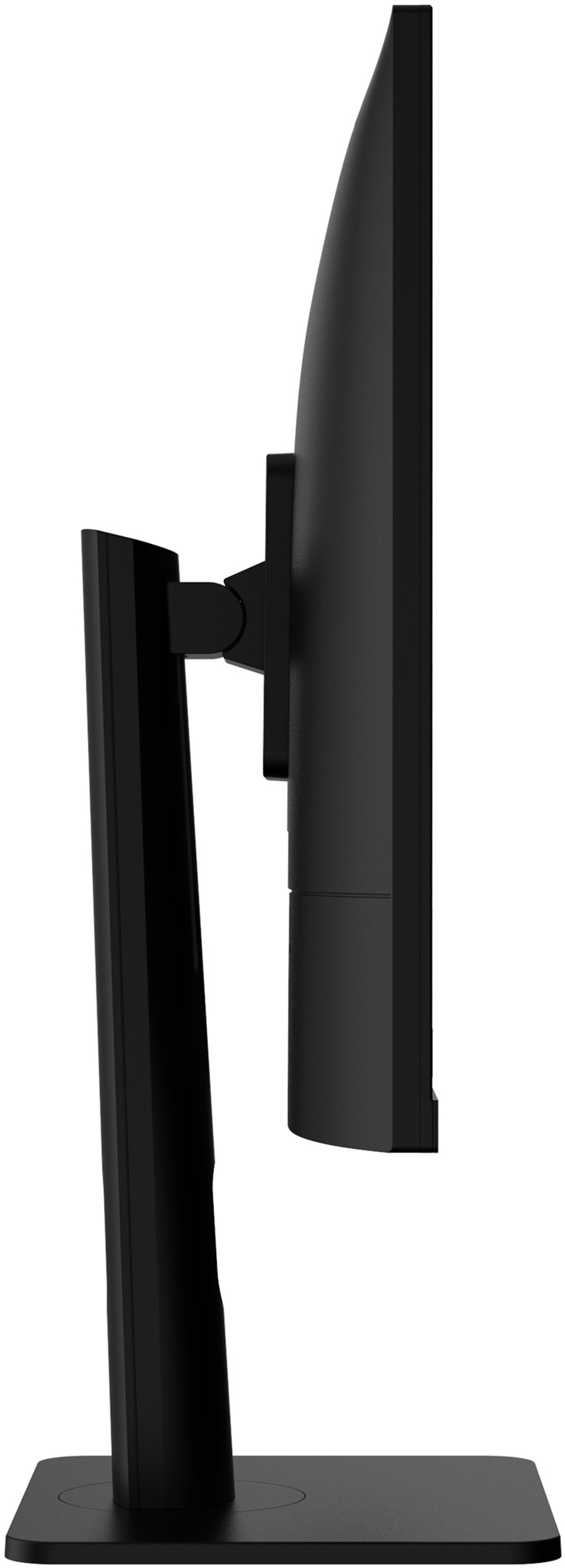 Vista laterale di un monitor nero con supporto. Lo schermo è spento.