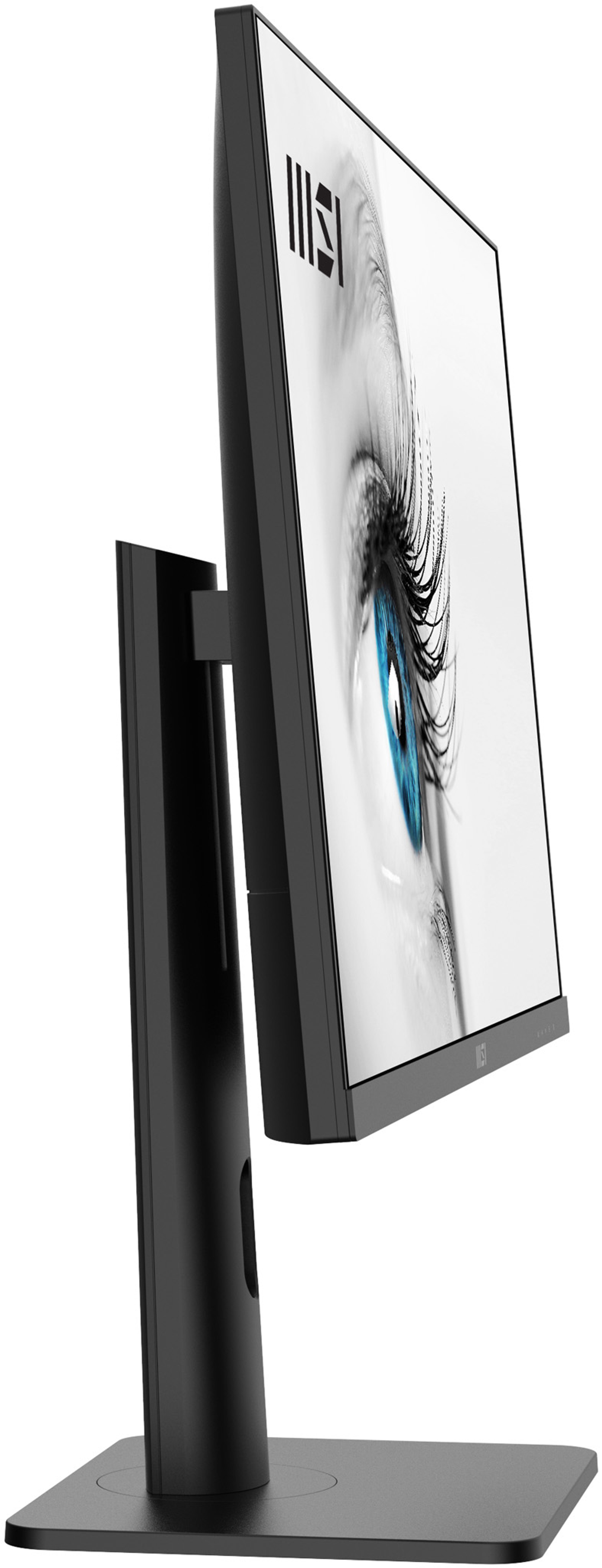 Monitor MSI, vista laterale, con immagine di occhio sullo schermo, supporto nero, sfondo bianco.