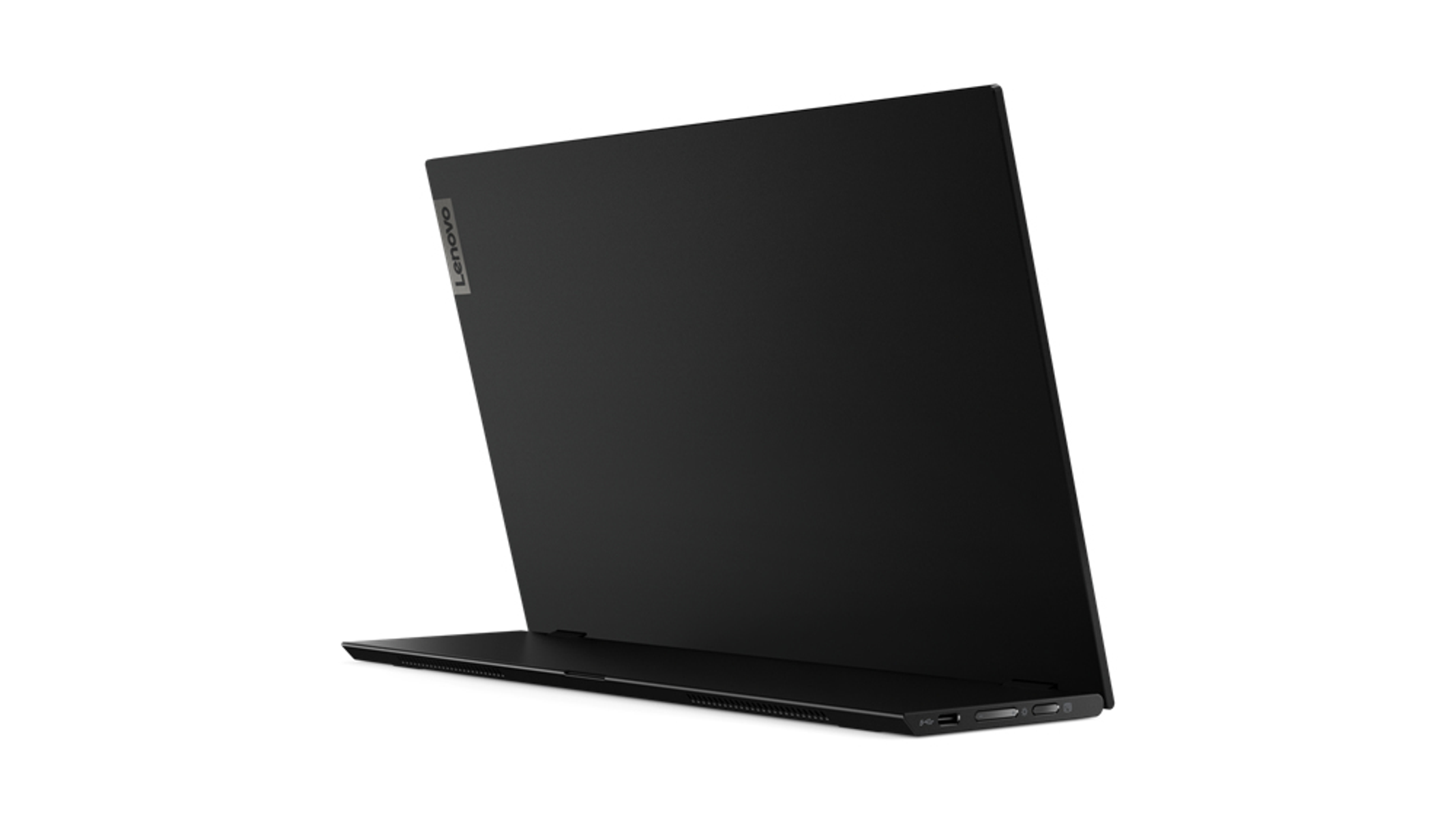 Parte trasera de portátil negro, logo Lenovo. Ligeramente abierto, superficie negra. Fondo blanco, vista en ángulo.